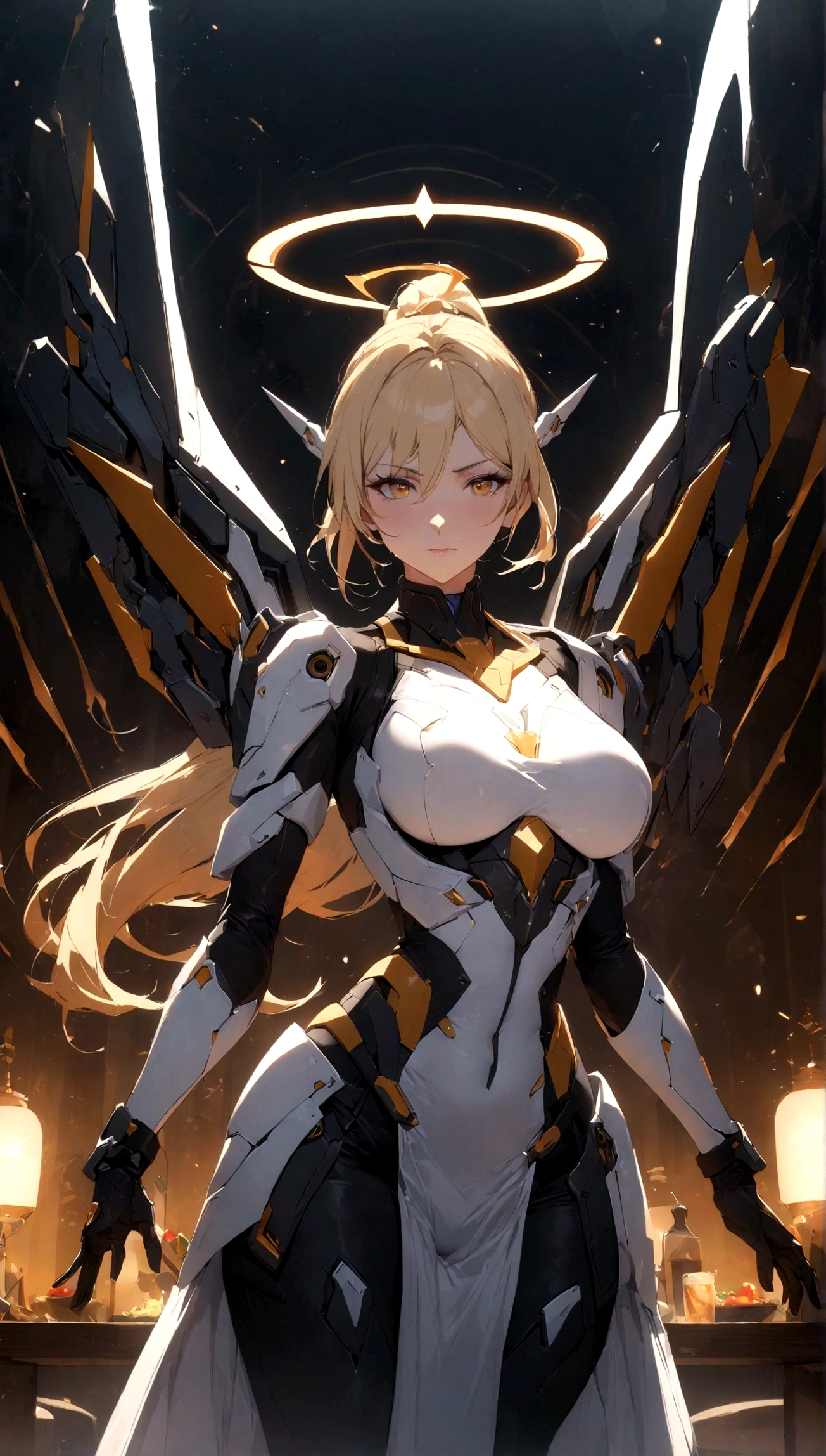 masterpiece, best quality, very aesthetic, absurdres, Epic,movie light,,,mercy(overwatch),1girl, armor,blonde_hair, bodysuit, boobplate, breastplate, breasts,faulds, gloves, gorget, halo, headgear, large_breasts, mechanical_halo, mechanical_wings, nose, pelvic_curtain, ponytail,in a restaurant