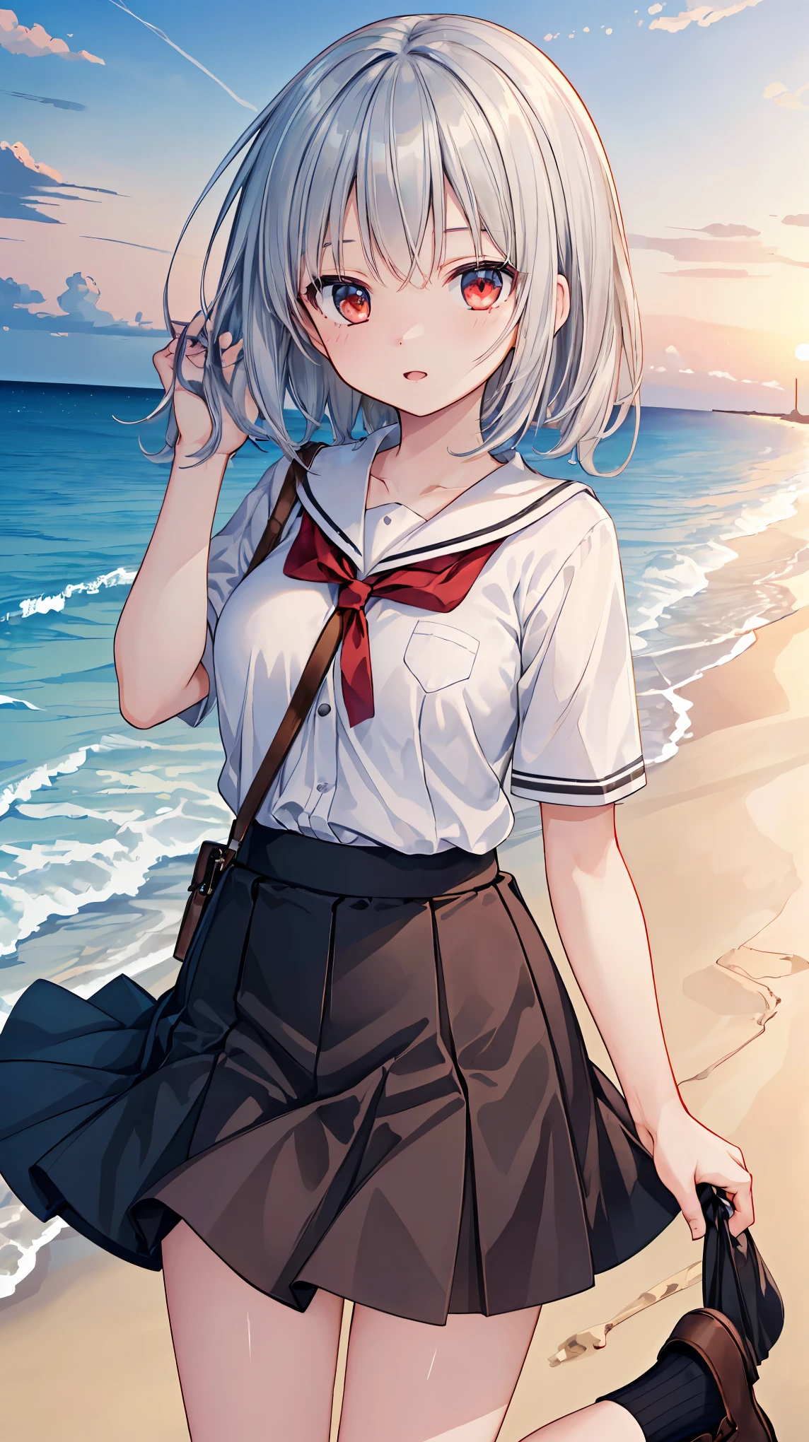 ((masterpiece)), ((highest quality)), ((High resolution)), ((Highly detailed CG Unity 8k wallpaper)), alone, tachibana kanade, Brown uniform, Black Skirt, White socks, Outdoor, face, Beach, Hanging hair, Parted hair, Silver Hair, 笑face, 