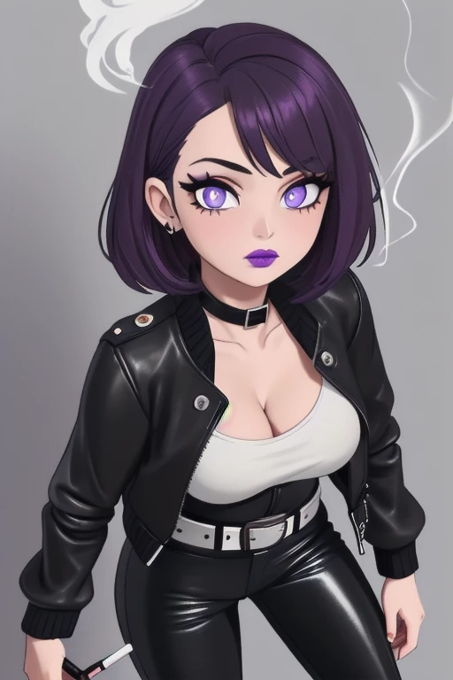 ((Masterpiece)), ((Best Quality)), (4K quality), ((Detailed face:1.2), (Detailed eyes:1.2), (Detailed pupils:1.2), 1girl,solo, a 28-year-old woman, pale skin, purple eyeshadow, purple lipstick, ((Black opened jacket, black leather top, tight black pants, belt and knee high leather boots:1.2)), medium breasts, cleavage, she has short black hair with purple highlights, purple colored eyes, standing, she's looking at the camera with an inexpressive look, she's smoking a cigarette.
