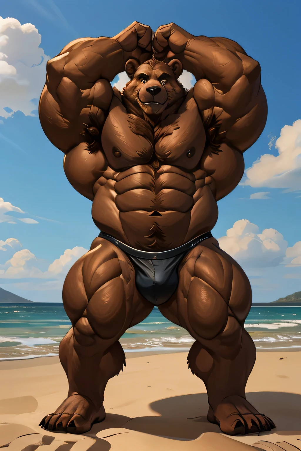 beach, front view, furry, 1bear, extremely huge muscular, massive muscular, full-body, well-muscled Grizzly Bear shirtless and showing back muscle. ((extremely muscle size, super thick fur arms, huge brown fur back, in black competitive briefs, extremely wide back and shoulder, huge brown fur arms)). Added brown fur hair and brown beard, added eyes, add details to make it attractive and interesting. Add textures and details to make the image more realistic, such as the appearance of the body-built texture and the appearance of the furry skin. Make sure the resulting image is high resolution, 8K quality."