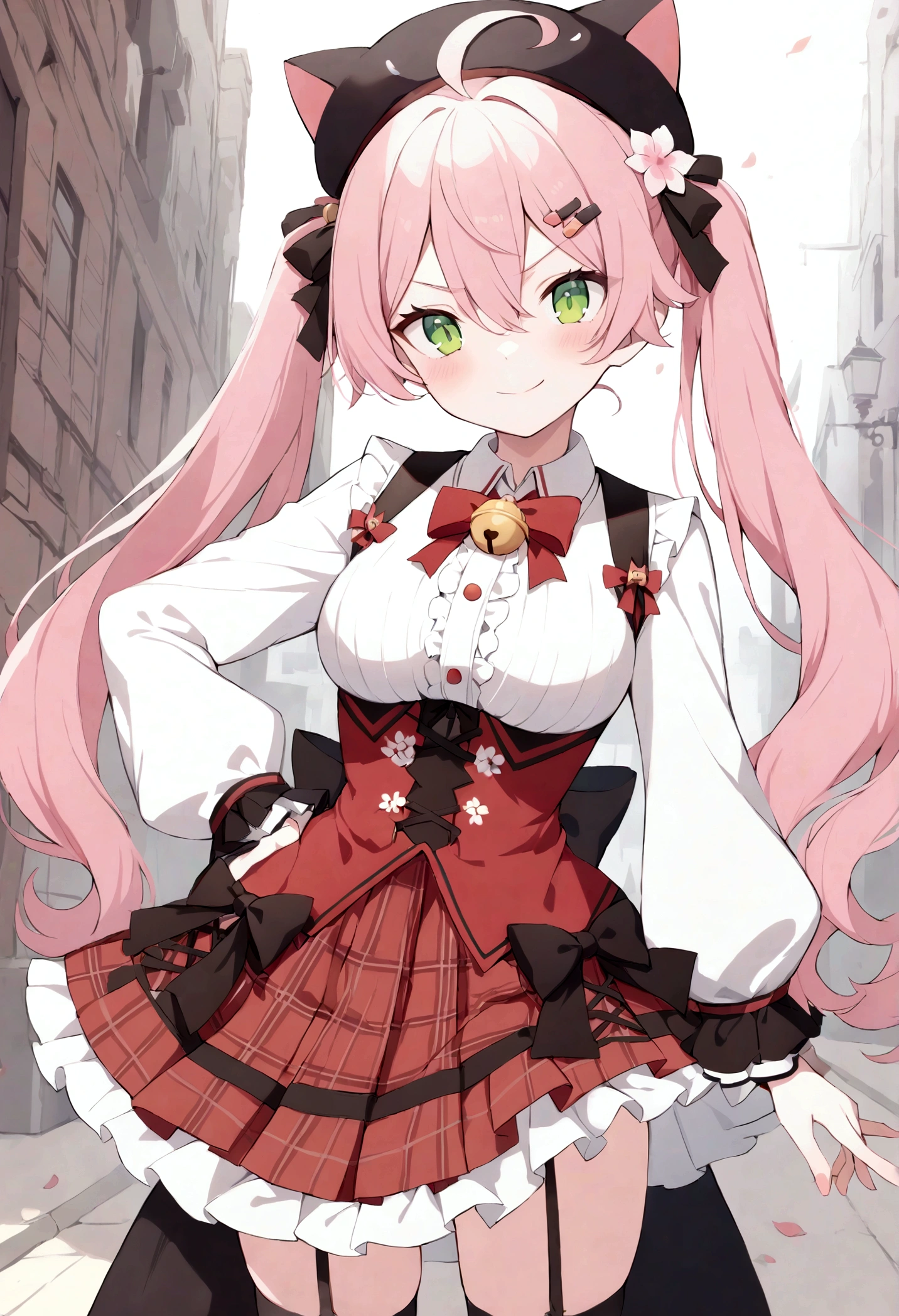 1girl, solo, green eyes, long hair, ahoge, black headwear, hair ornament, white shirt, black thighhighs, pink hair, red skirt, plaid skirt, garter straps, collared shirt, hairclip, frills, bangs, hair between eyes, animal hat, frilled skirt, beret, pleated skirt, hair flower, low twintails, neck bell, cat hat, medium breasts, puffy long sleeves, black bow, underbust, evil smile, hand on hip, outdoors,
