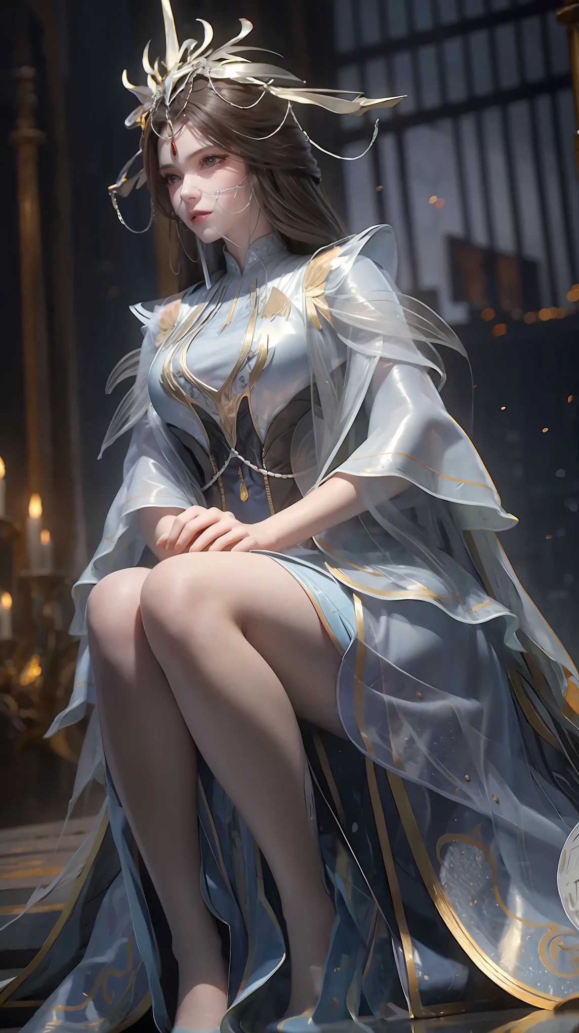 Cartoon woman kneeling on the starry sky, Water splashes at the knees，CG Social Trends, Smooth anime CG art, Starry sky background，Full body view，Royal sister kneeling posture，With a translucent veil