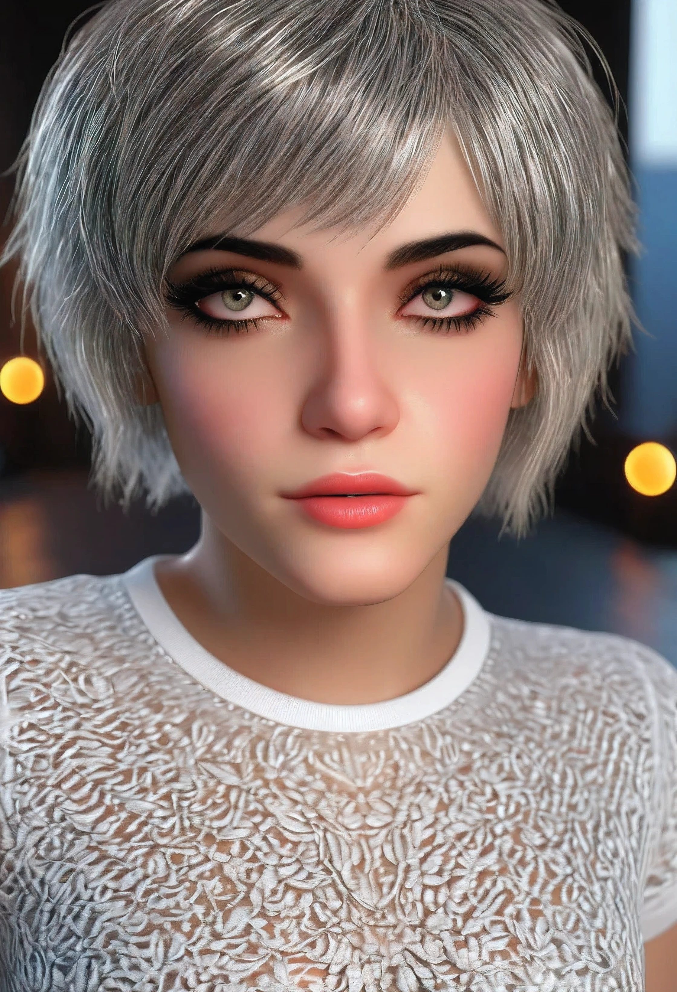 a femboy with short grey hair,beautiful detailed eyes,beautiful detailed lips,extremely detailed face and eyes,longeyelashes,flat chest,casual see-through short sleeve white top,posing casually,photorealistic,highly detailed,cinematic lighting,octane render,artstation,professional photography,masterpiece,best quality,8k