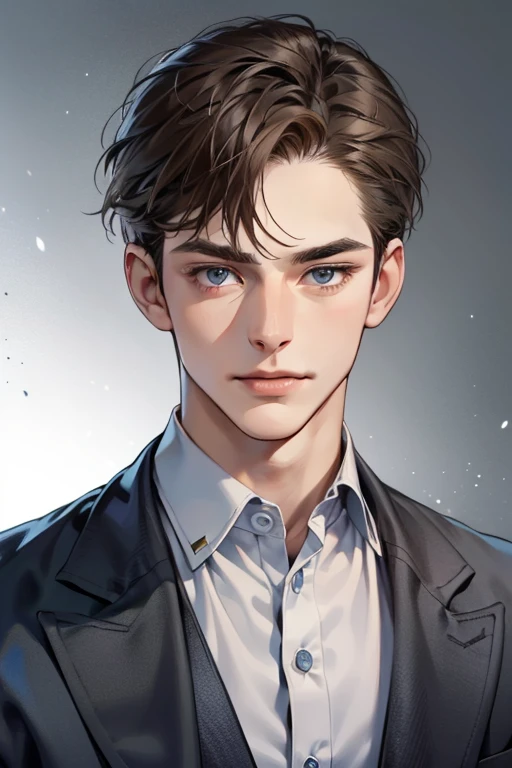 masterpiece, best quality, realistic, 1man, mature male, quiet and charming young man, 31 year old, serious look, closed mouth, portrait, extremely detailed face, cold smile, ((dark grey blue eyes)), ((short-right-swept dark brown hair)), [thick eyebrows], ((suit)), handsome, upper body, western, Jewish, light brown skin,