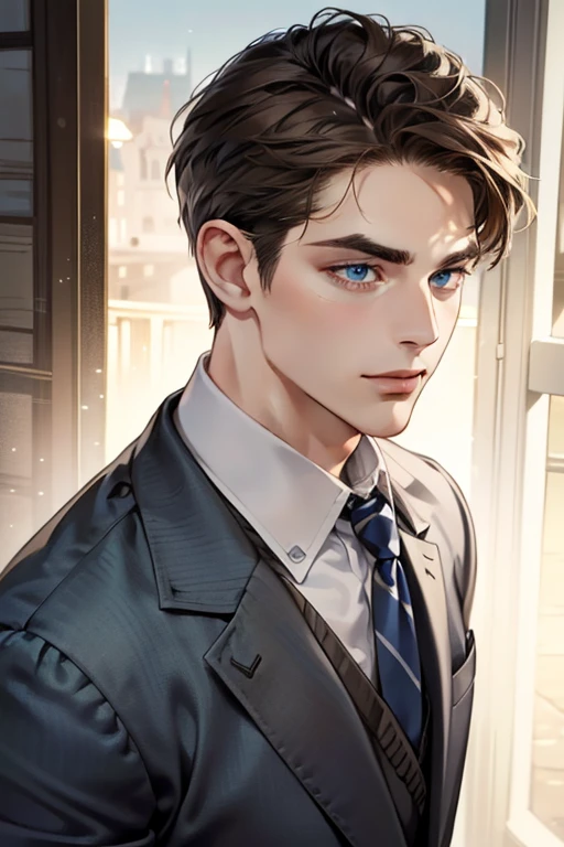 masterpiece, best quality, realistic, 1man, mature male, quiet and charming young man, 31 year old, serious look, closed mouth, portrait, extremely detailed face, cold smile, ((dark grey blue eyes)), ((short-right-swept dark brown hair)), [thick eyebrows], ((suit)), handsome, upper body, western, Jewish, light brown skin,