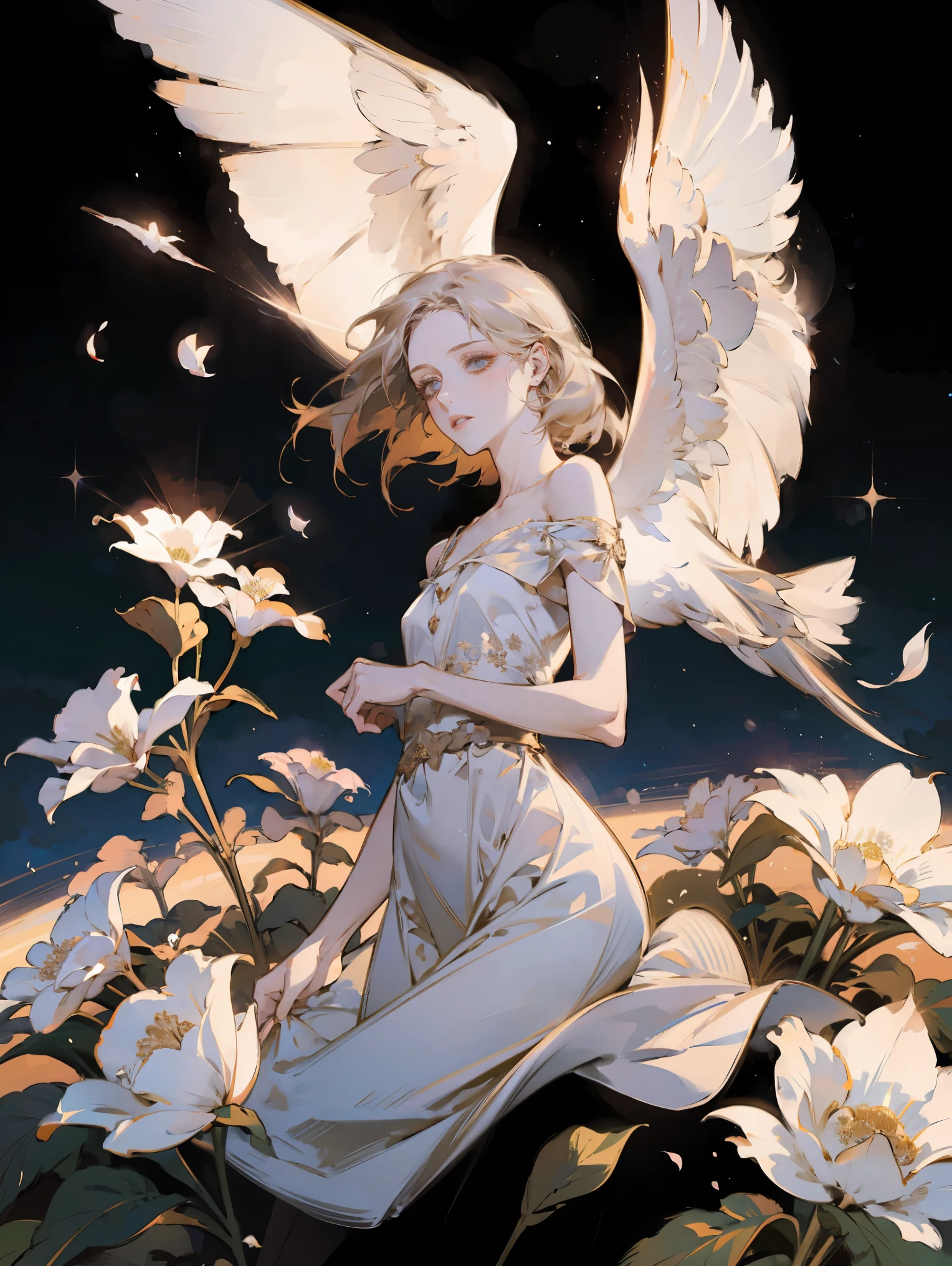 A beautiful, elegant girl. fantastic background, white flowers, dynamic composition, light, calm, soaring atmosphere