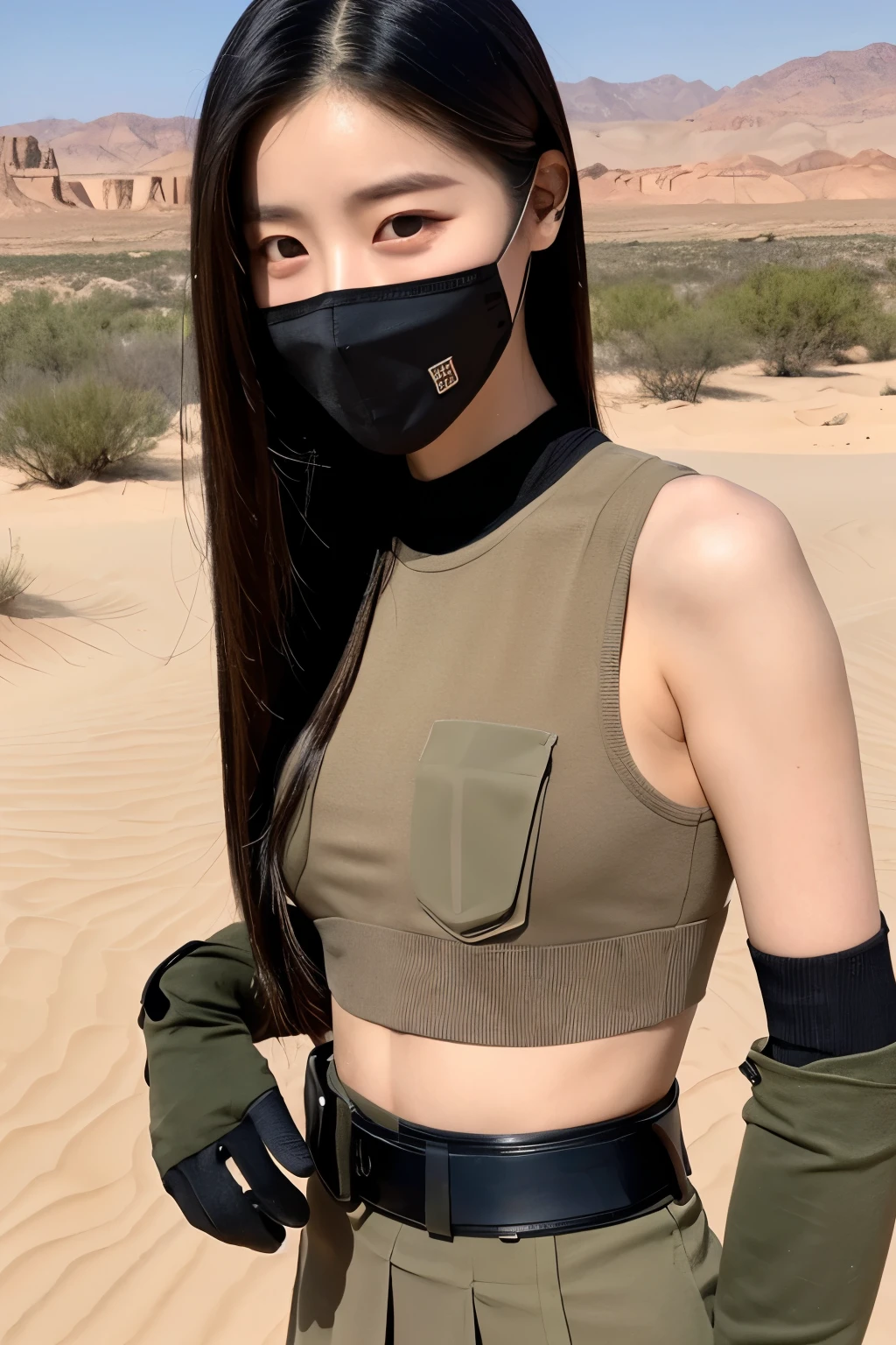 22 years Old young South Korean woman, military shirt and skirt and black gloves, beauty face, Cute face, thin, long sleek Straight hair style, lipstick, at Desert with friend, with bulletproof vest, with military mask, equipment rifle M4A1