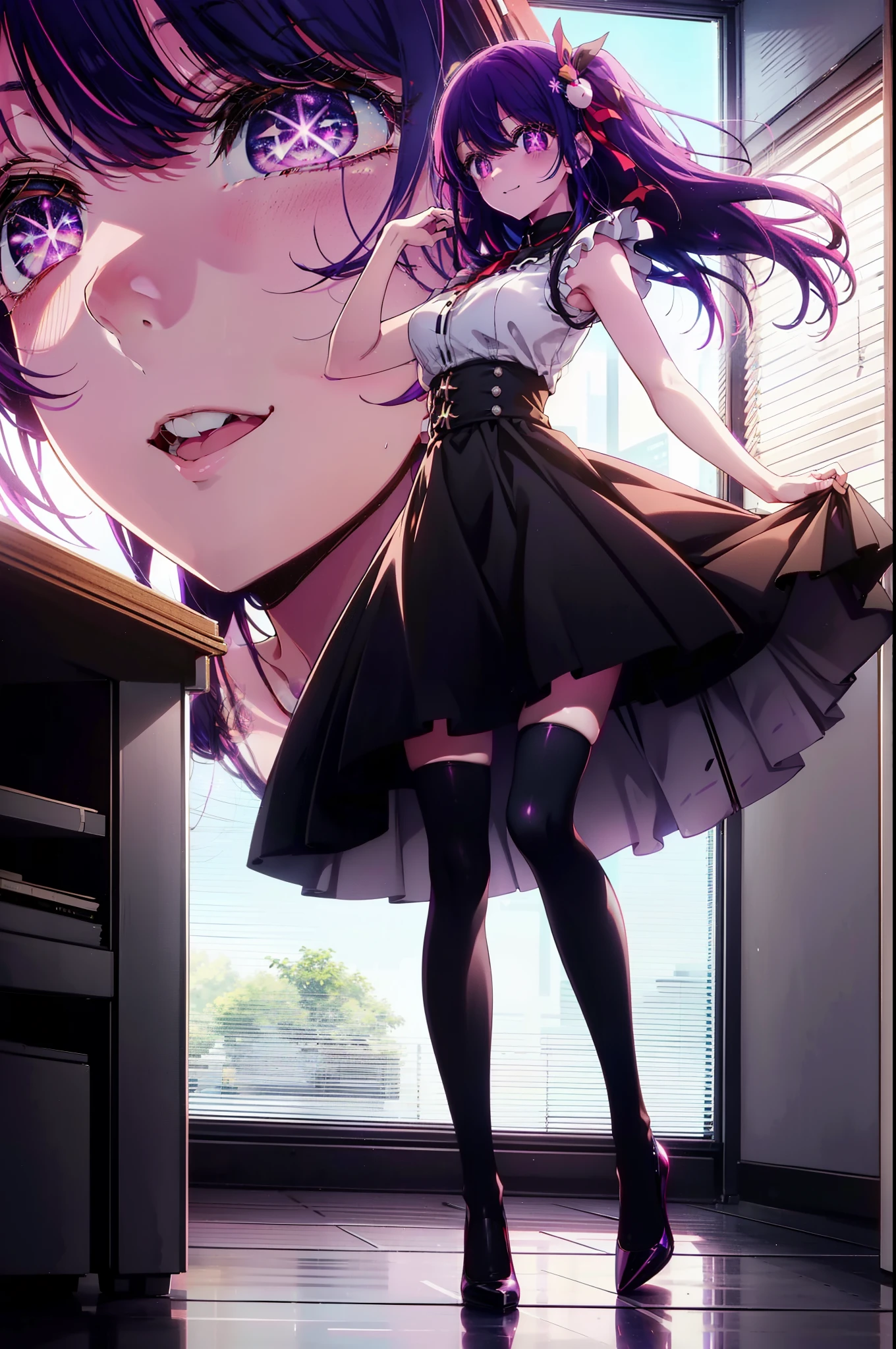 aihoshino, Ai Hoshino, Long Hair, bangs, (Purple eyes:1.1), Purple Hair, (Symbol-shaped pupil:1.5), 
happy smile, smile, Open your mouth,one side up, hair ornaments, Hair Ribbon, Sleeveless dress,black skinny pants,Stiletto heels,walking,whole bodyがイラストに入るように,Daytime,Clear skies,
break indoors, office,
break looking at viewer, whole body,
break (masterpiece:1.2), highest quality, High resolution, unity 8k wallpaper, (figure:0.8), (Beautiful fine details:1.6), Highly detailed face, Perfect lighting, Highly detailed CG, (Perfect hands, Perfect Anatomy),