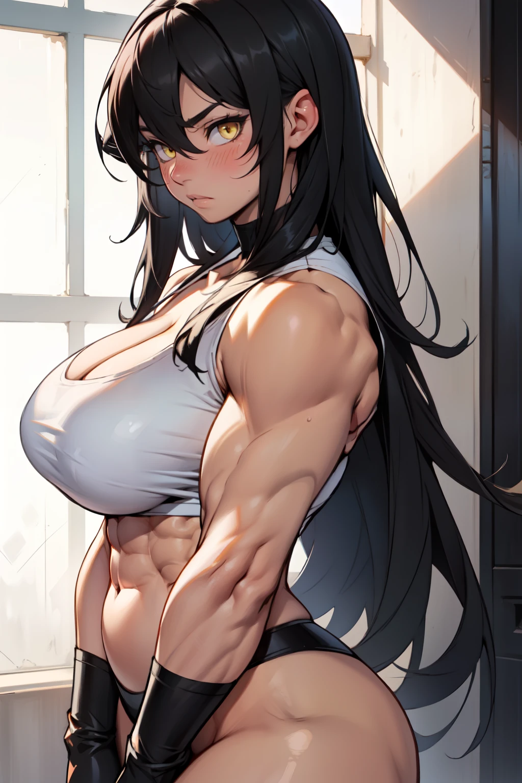 girl muscular thick pale skin black hair ultra detailed eyes huge breasts toned body embarrassed blush very long hair yellow eyes mosaic art