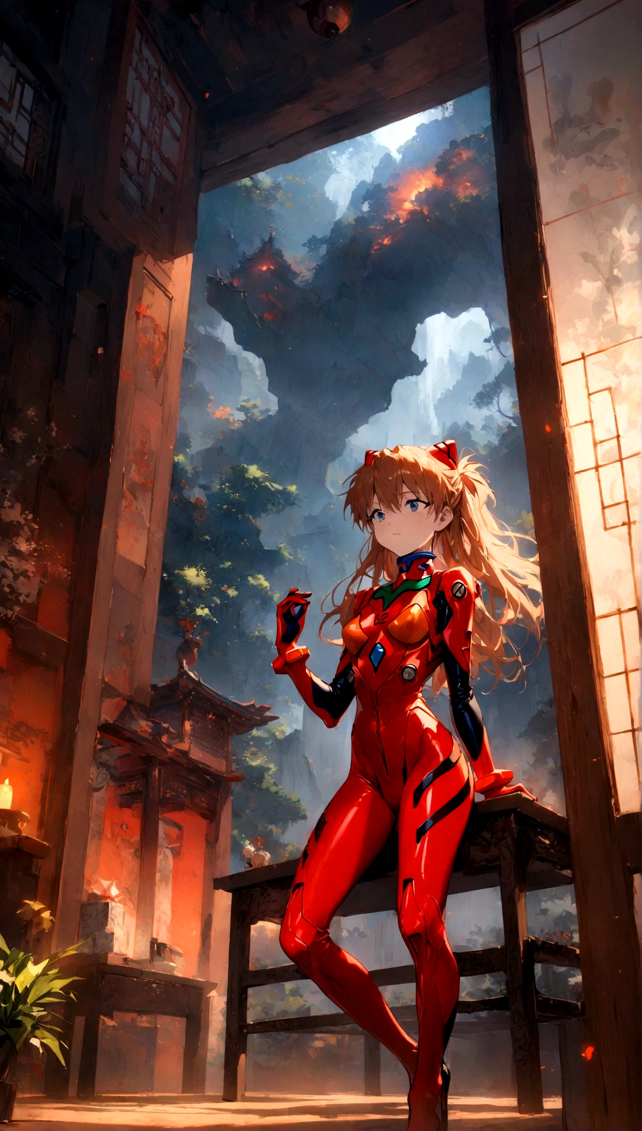 masterpiece, best quality, very aesthetic, absurdres, Epic,movie light,,,souryuu asuka langley, neon genesis evangelion, rebuild of evangelion, plugsuit, pilot suit, red bodysuit,,in a traditional chinese room
