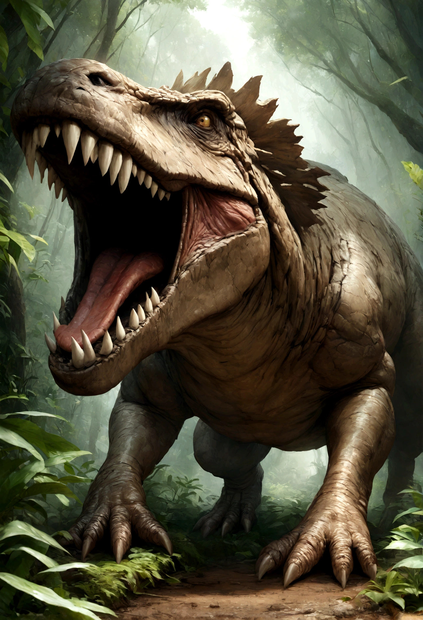 masterpiece、highest quality、４K、Realistic、Super Large Reality、jungle、Tyrannosaurus、Open your mouth、bark、２head
