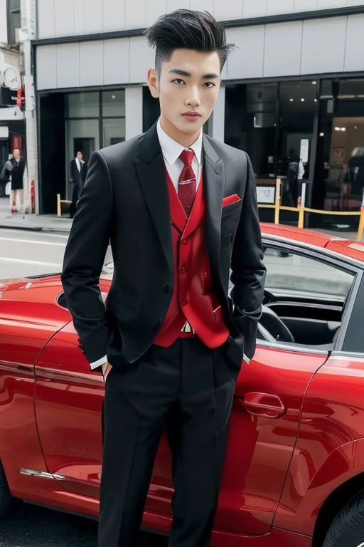 An Asian man with a short haircut in a suit stands next to a black car., black and red suit, wearing a black and red suit, red suitและสีดำ, wearing red Formal attire, black and red tuxedo, Wearing a black nobleman&#39;s robe, Formal attire, elegant suit, red suit, Handsome and elegant, Dress well, Cai Su Kun, black elegant suit