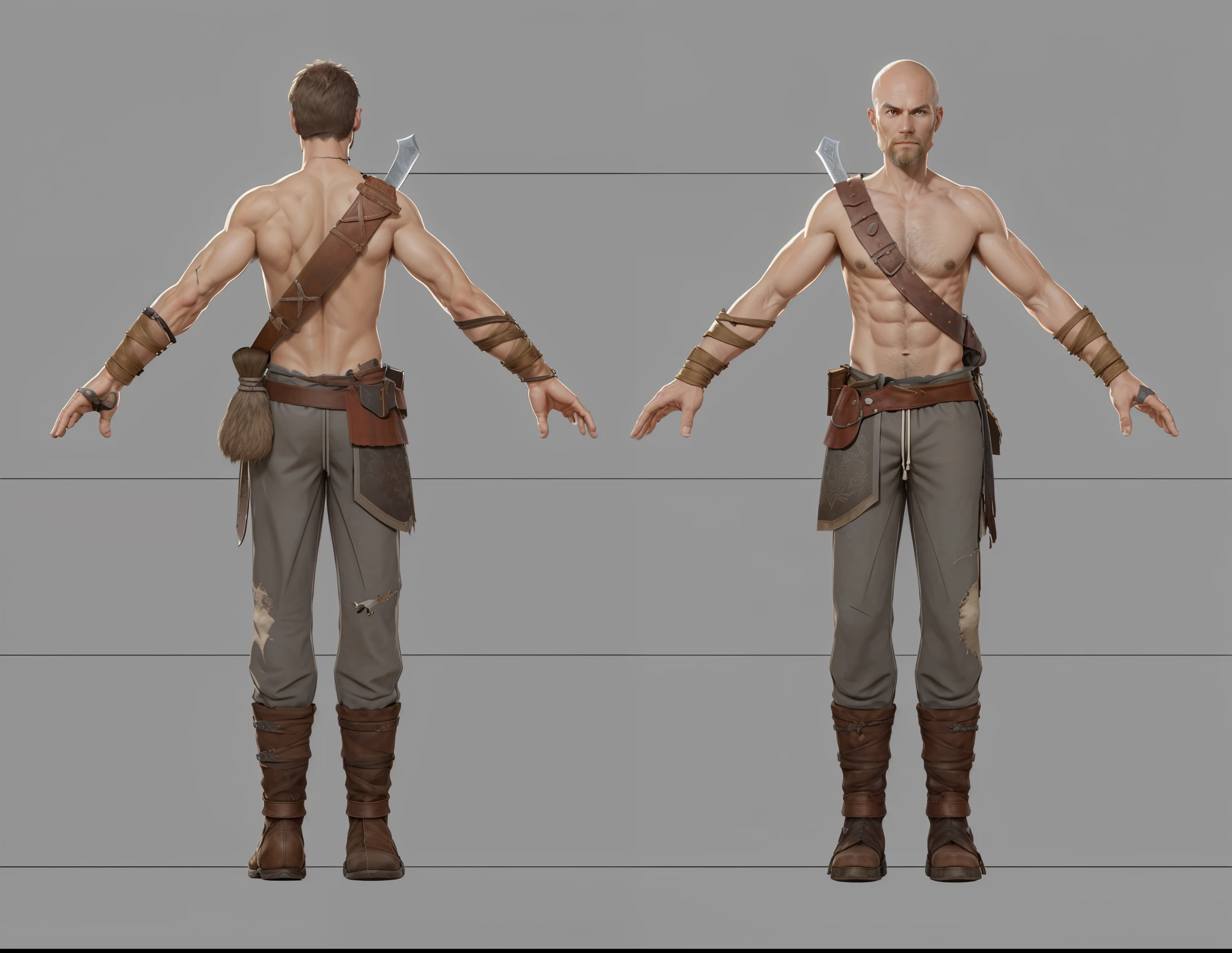 ( Realistic:1.33),(masterpiece:1.1),(highest quality:1.1),(HDR:1) a close up of a muscle hunter with a blade and a belt, full body concept, detailed full body concept, Viking ranger style, Viking protective, Portrait of a Viking, Viking warrior, Viking culture, Nordic warrior, Viking costume, Ancient Viking warrior, male Viking, with Machado, Nordic inspiration, Viking and barbarian aesthetics, full body character concept,costume concept design, full body details, detailed full body concept art, full character body, character model sheet turnaround, fullbody shot turnaround, concept character sheet, full body concept art, reference model sheet , full body concept art, RPG style character, game character design, 3d character reference sheet, video game character concept, detailed character design, character sheet, [ character model sheet turnaround ], front and back, (((front and back))), grey clean background, 3D character, leather belt, leather boots with rob, ((gambeson cloth)), leather belt on chest, (viking warrior), ((barbarian)), (gambeson loincloth), ragged loincloth,((leather drawstring pouch on belt)), ((back muscle)),((back muscle)),sword on back, sword hilt , ((staff on bag)), (((tattered trouser)))