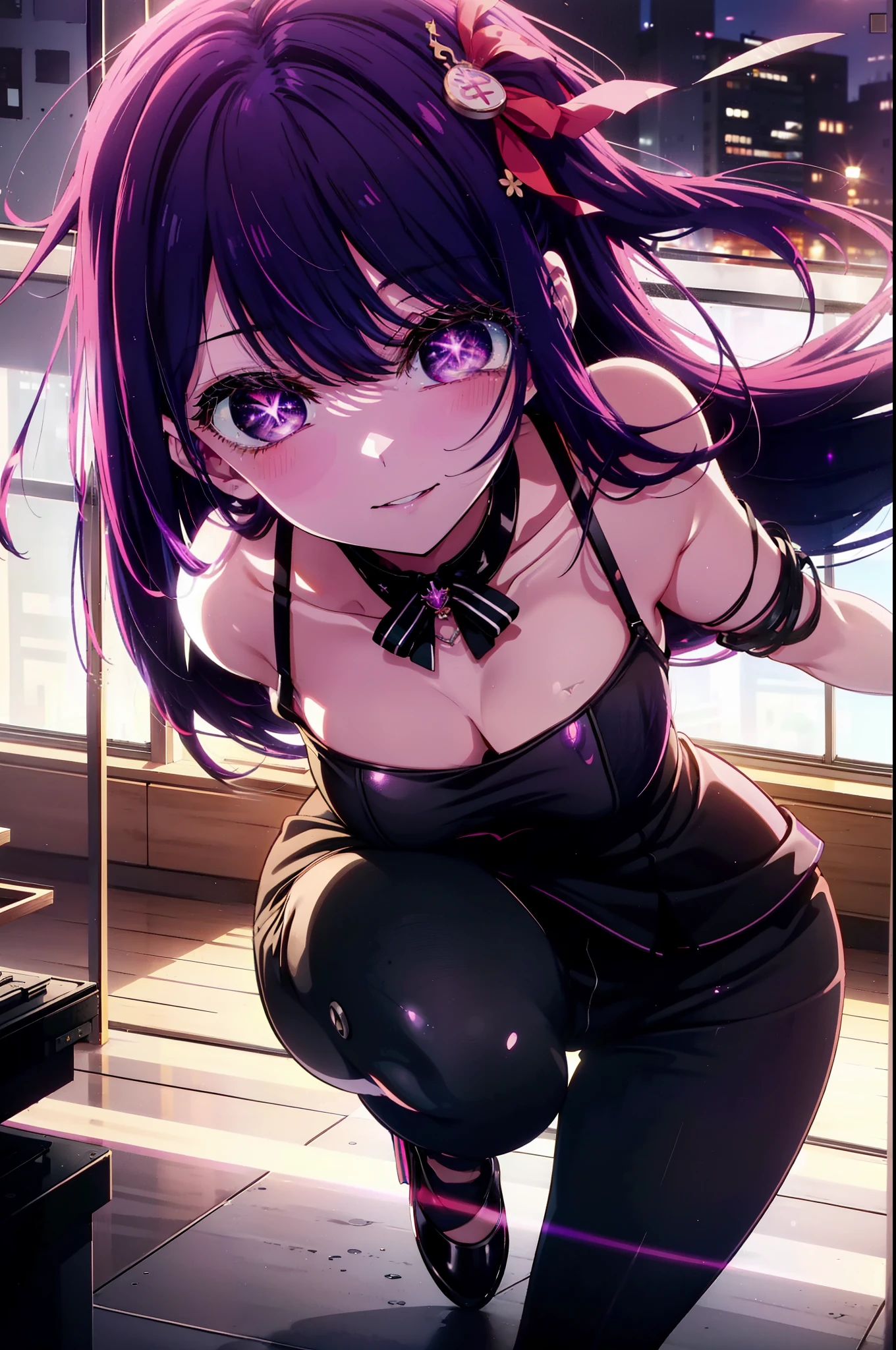 aihoshino, Ai Hoshino, Long Hair, bangs, (Purple eyes:1.1), Purple Hair, (Symbol-shaped pupil:1.5),
happy smile, smile, Open your mouth,one side up, hair ornaments, Hair Ribbon, Sleeveless dress,black skinny pants,Stiletto heels,walking,whole bodyがイラストに入るように,Daytime,Clear skies,
break indoors, office,
break looking at viewer, whole body,
break (masterpiece:1.2), highest quality, High resolution, unity 8k wallpaper, (figure:0.8), (Beautiful fine details:1.6), Highly detailed face, Perfect lighting, Highly detailed CG, (Perfect hands, Perfect Anatomy),