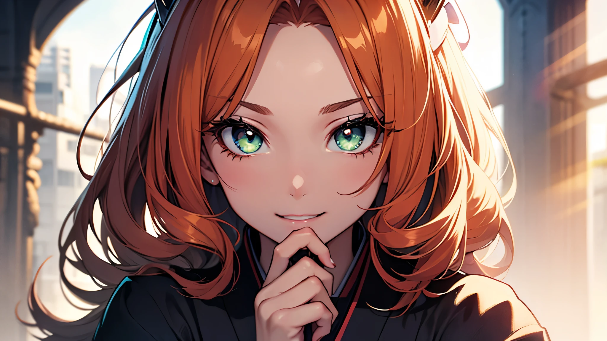 (1girl:1.3), Masterpiece, Best quality, amazing beauty, [[3D]], 4K, absurdres, finely detail, super detailed eye, perfect anatomy, official art, cinematic lighting, BREAK, foret, river, sunlight, silky long hair, forehead, colored tips, orange hair, super shiny detailed green eyes, big eyes, cute eyes, thin eyebrow, Staring, close-mouth, thin lips, toothless smile, mascara, rouge, Eyeliner, pink lips, shy, BREAK , usually, tall, slim, pale skin, porcelain skin, sitting, cross arms in front, from front, BREAK ,(long-sleeved kimono:1.2),