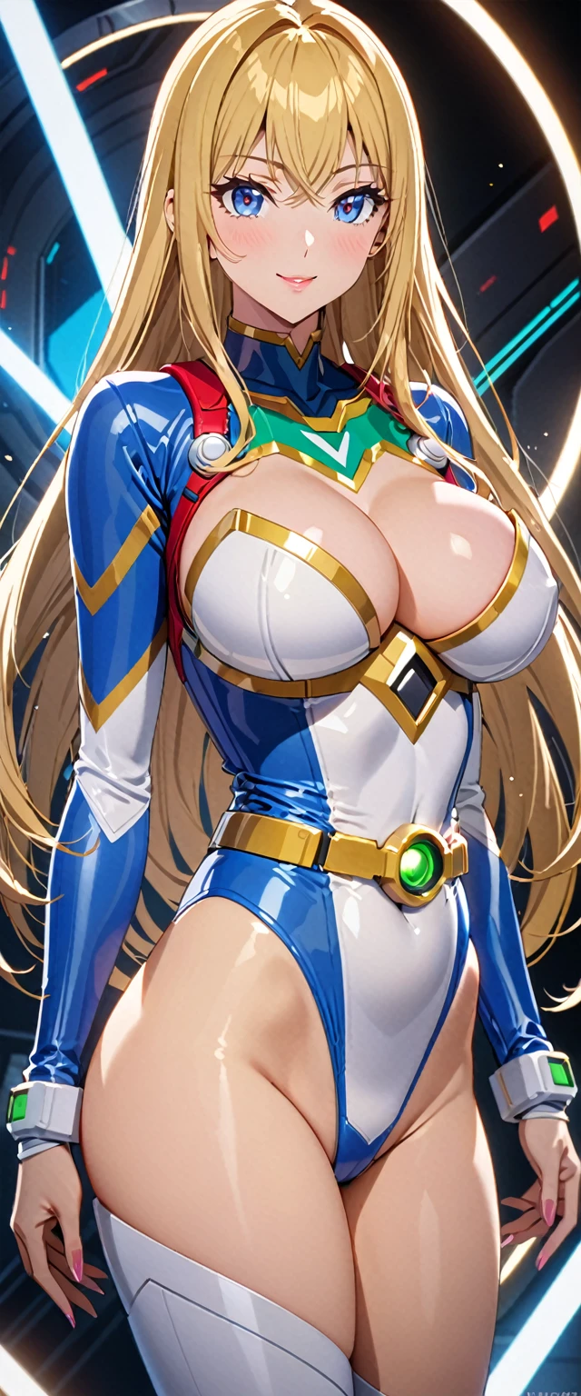 ((masterpiece)), ((high quality)), ((super detailed)), ((high resolution)), ((8k)),a beautiful woman, ((She is one of the most famous actress in Japan.)), unparalleled beauty, ((large breast:1.4)), ((large ass)), ((deep cleavage)), slim waist, chest out, ultra detailed face, perfect skin, (((waist length hair, ((long straight golden hair)), crossed bangs))), blue eyes, detailed eyes, whole body image, sexy, an inviting smile, sensual, (((anime))), ((glamorous)), sexual attraction ,23 years old, ((incredibly beautiful woman)), ((The H cup bust)), ((sexy pose)), ((neat and clean.)), (((Power Ranger))), heroine, (((high leg leotard, white line on blue colored power suit, Futuristic Design))), ((beautiful breasts)), beautiful legs, 8 life size, anime:1.4, the most beautiful and strongest, ((charm)),