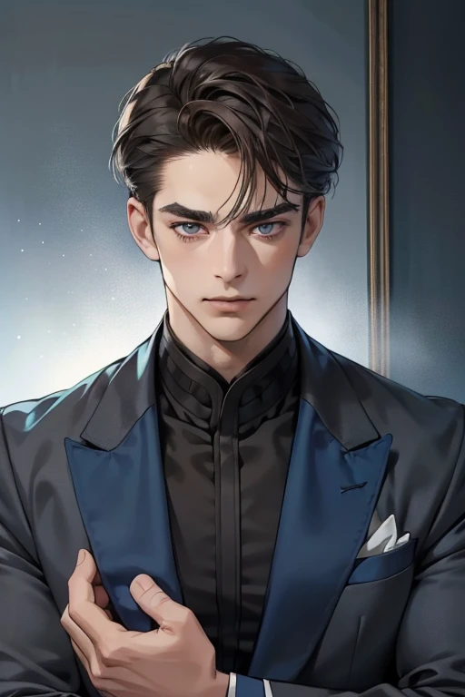masterpiece, best quality, realistic, 1man, mature male, quiet and charming, man, 31 years old, look serious, closed mouth, portrait, extremely detailed face, soft smile, ((dark grey bue eyes)), ((short-left-swept dark brunette hair)), [thick eyebrows], dining room ((blue suit))