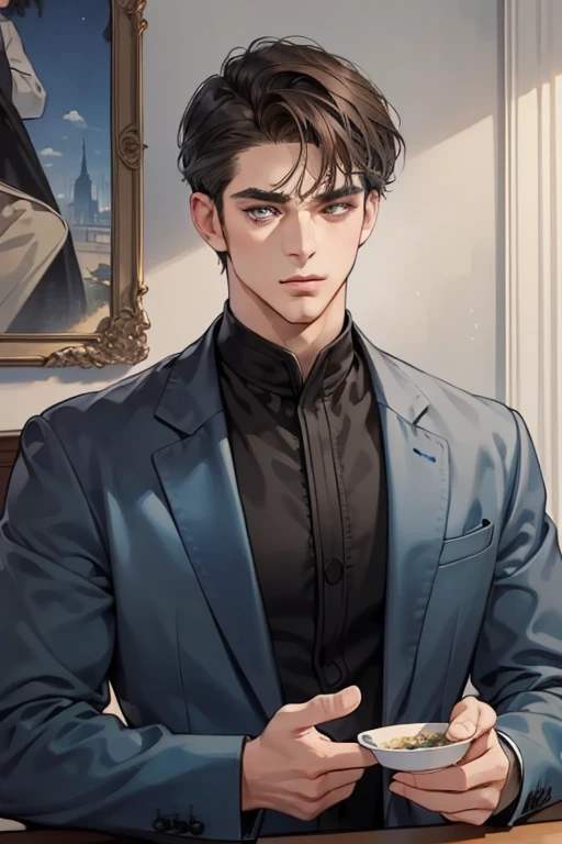 masterpiece, best quality, realistic, 1man, mature male, quiet and charming, man, 31 years old, look serious, closed mouth, portrait, extremely detailed face, soft smile, ((dark grey bue eyes)), ((short-left-swept dark brunette hair)), [thick eyebrows], dining room ((blue suit))