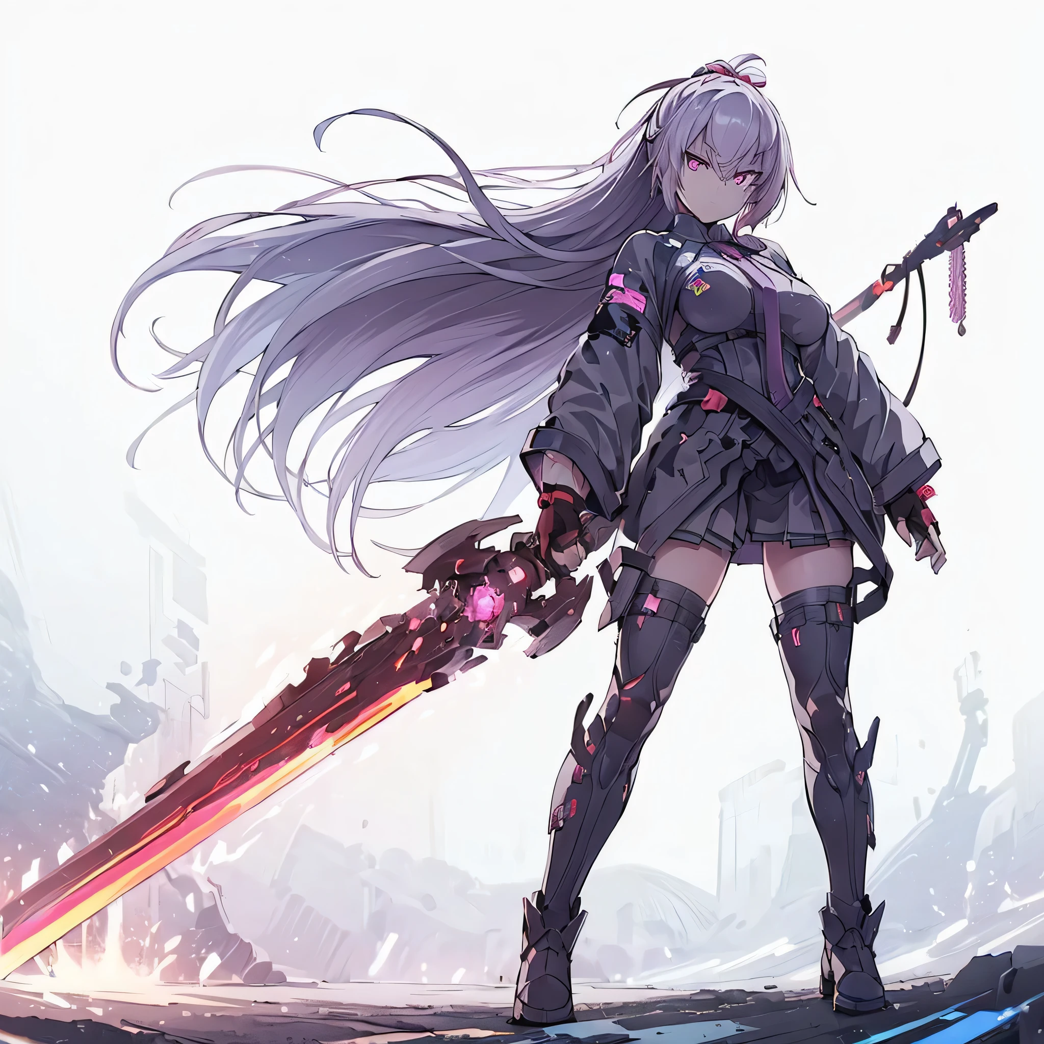 (masterpiece, highest quality), (Perfect athletic body:1.2), (Detailed Hair), Super detailed, Anime Style, whole body, Cyberpunk Ninja Girl, Japanese hairstyle, Pink long hair,Pink eyes, Wield the Giant Flaming Sword, Standing in the wasteland, Wear tech boots, 8K High Resolution, Trend Art Station, White Background, Standing in the wasteland, whole body,Moon Castle,