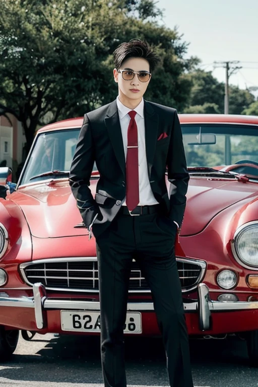 An Asian man with a short haircut in a suit stands next to a black car., black and red suit, wearing a black and red suit, red suitและสีดำ, wearing red Formal attire, black and red tuxedo, Wearing a black nobleman&#39;s robe, Formal attire, elegant suit, red suit, Handsome and elegant, Dress well, Cai Su Kun, black elegant suit