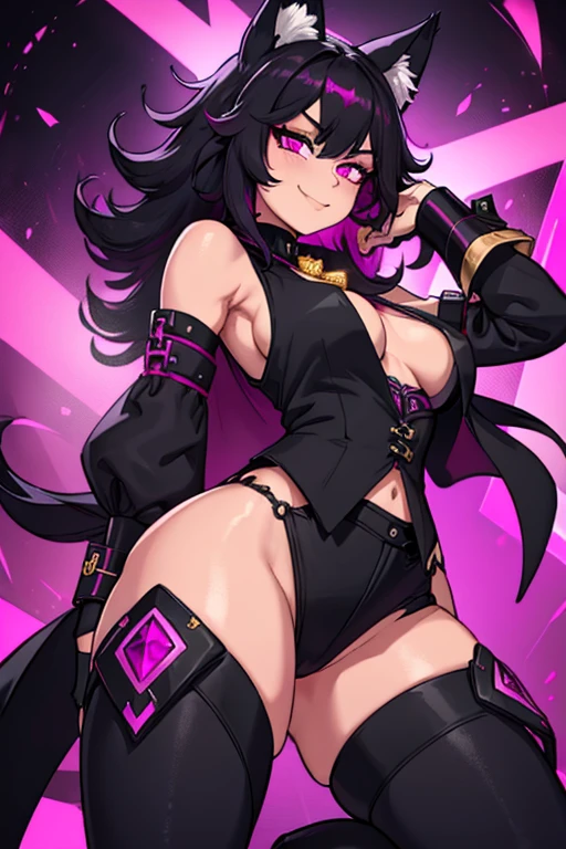 female, black long hair with magenta highlights, silver eyes, black wolf ears, black wolf tail, (((1girl))), (((black waistcoat with magenta trim, elbow length sleeves, magenta cuffs))), (white shirt), (black skinny jeans), (white knee high boots with magenta trim), (amethyst necklace), (black fingerless gloves), (black belt with gold buckle), cute and sexy, full body, big breasts, big butt, long legs, smiling