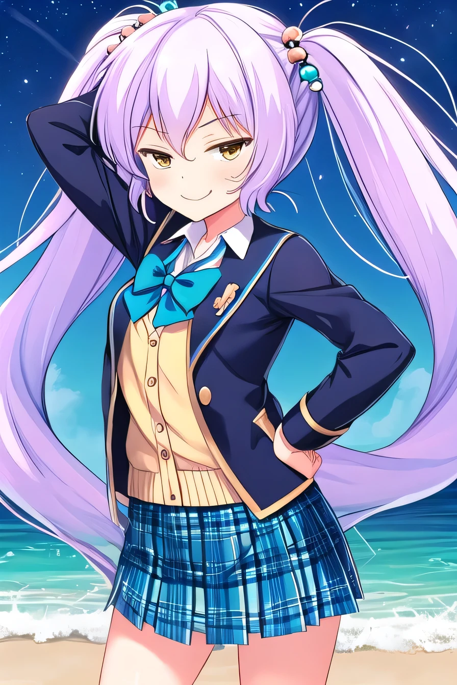 himejimakinoko, solo, 1girl, light purple hair, twintails, hair bobbles, polka dot, very long hair, yellow eyes, blue jacket, blazer, blue bowtie, sweater vest, white shirt, blue skirt, plaid skirt,  high quality, solo, night sky, beach, arms behind head, contrapposto, closed mouth, spread armpits, (cowboy shot:1.5), looking at viewer, smile, best quality,