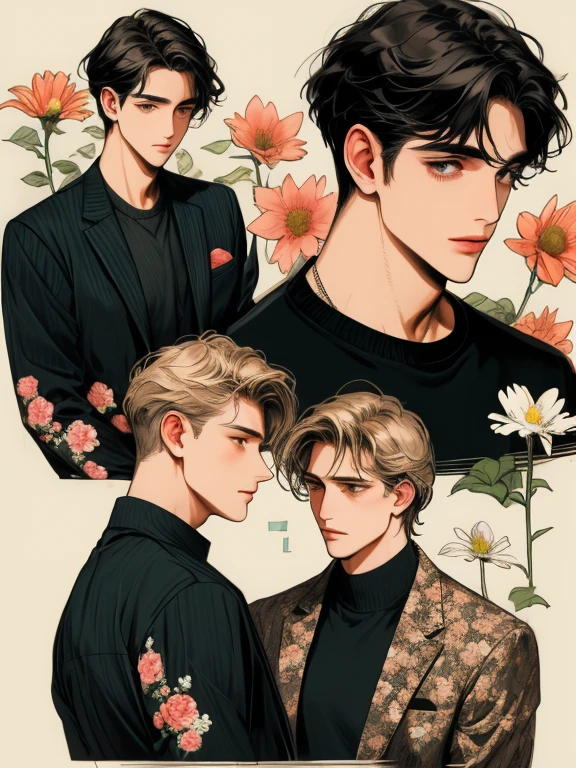 masterpiece, collage of man in casual clothes, flowers,