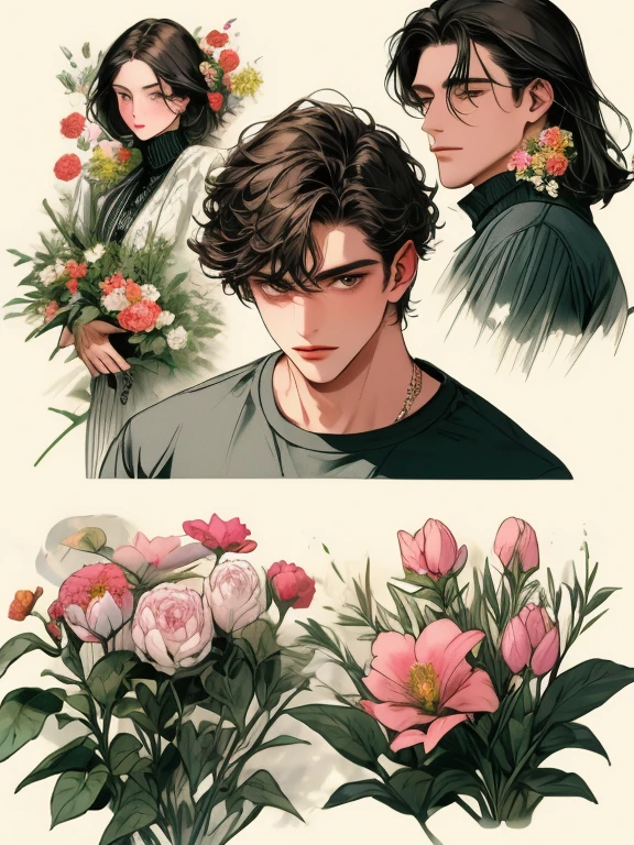 masterpiece, collage of man in casual clothes, flowers,
