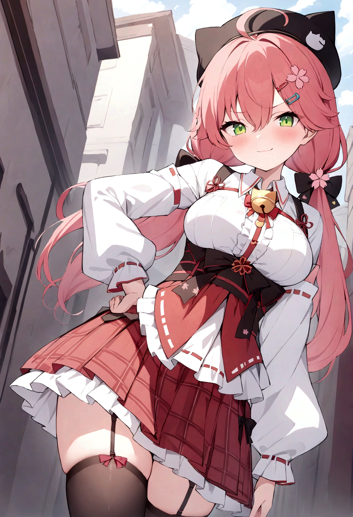 masterpiece, best quality, highres, miko2, sakura miko, 1girl, solo, green eyes, long hair, ahoge, black headwear, hair ornament, white shirt, black thighhighs, pink hair, red skirt, plaid skirt, garter straps, collared shirt, hairclip, frills, bangs, hair between eyes, animal hat, frilled skirt, beret, pleated skirt, hair flower, low twintails, neck bell, cat hat, medium breasts, puffy long sleeves, black bow, underbust, evil smile, hand on hip, outdoors,
