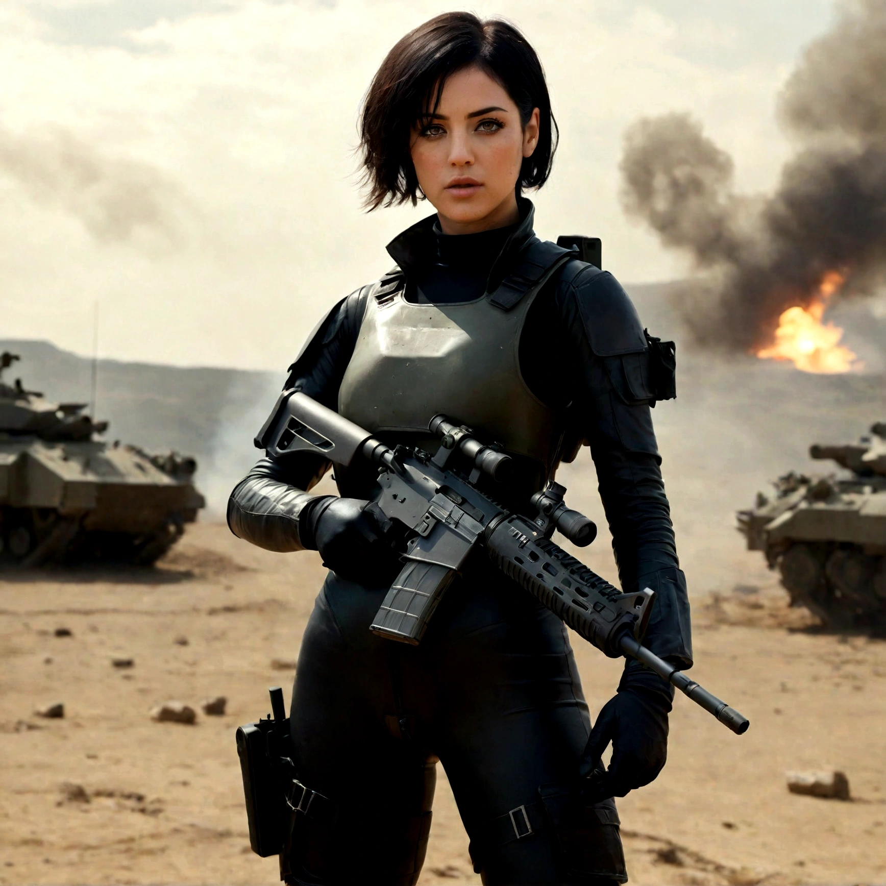 Hyper-Realistic photo of a beautiful soldier girl in a battle field,20yo,1girl,solo,holding AR-15 rifle,detailed exquisite face,short black hair,perfect female form,model body,mesmerizing,looking at viewer,Sean Young \(in Blade Runner\) lookalike,form-fitting military suit BREAK backdrop:battle field,fog,smoke,wreck,stone,sand,wind,flame,explosion,helicopter,vehicle,sky,cloud,cluttered maximalism BREAK settings: (rule of thirds1.3),perfect composition,studio photo,trending on artstation,depth of perspective,(Masterpiece,Best quality,32k,UHD:1.4),(sharp focus,high contrast,HDR,hyper-detailed,intricate details,ultra-realistic,kodachrome 800:1.3),(chiaroscuro lighting:1.3),by Karol Bak,Alessandro Pautasso and Hayao Miyazaki,photo_b00ster,real_booster,art_booster
