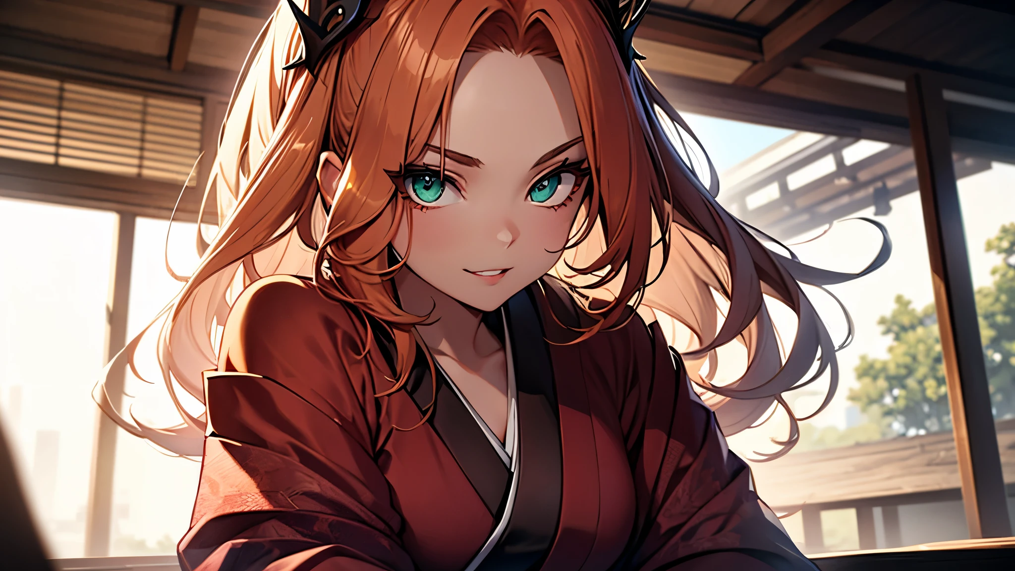 (1girl:1.3), Masterpiece, Best quality, amazing beauty, [[3D]], 4K, absurdres, finely detail, super detailed eye, perfect anatomy, official art, cinematic lighting, BREAK, foret, river, silky long hair, forehead, colored tips, orange hair, super shiny detailed green eyes, big eyes, cute eyes, thin eyebrow, Staring, close-mouth, thin lips, toothless smile, mascara, rouge, Eyeliner, pink lips, shy, BREAK , usually, tall, slim, pale skin, porcelain skin, sitting, cross arms in front, from front, BREAK ,(long-sleeved kimono:1.2),