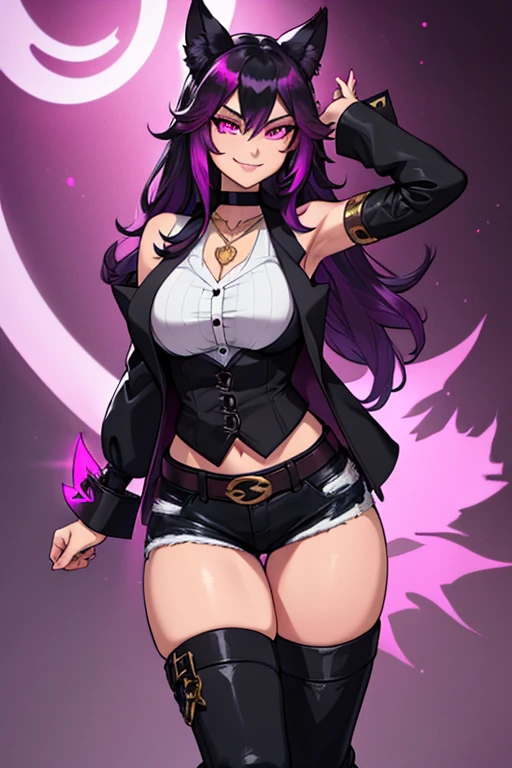 female, black long hair with magenta highlights, silver eyes, black wolf ears, black wolf tail, (((1girl))), (((black waistcoat with magenta trim, elbow length sleeves, magenta cuffs))), (white shirt), (black jeans), (white knee high boots with magenta trim), (amethyst necklace), (black fingerless gloves), (black belt with gold buckle), cute and sexy, full body, big breasts, big butt, long legs, smiling