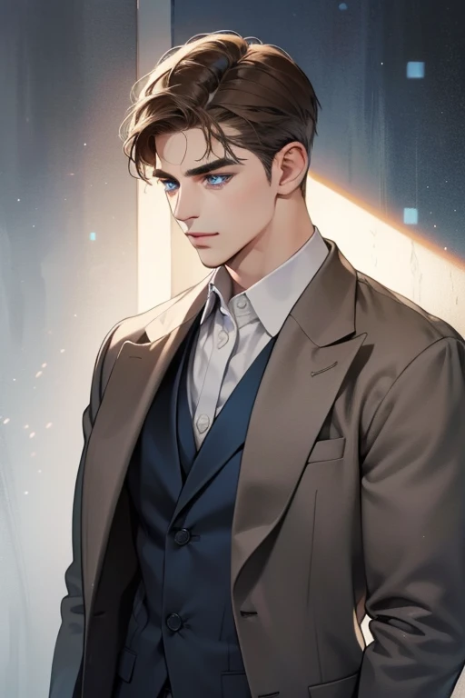 masterpiece, best quality, realistic, 1man, mature male, quiet and charming young man, 35 year old, serious look, closed mouth, portrait, extremely detailed face, cold smile, ((dark grey blue eyes)), ((short-right-swept dark brown hair)), [thick eyebrows], ((suit)), handsome, full body, western, Jewish, light brown skin,