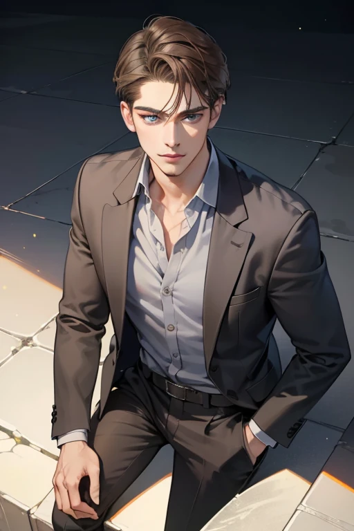 masterpiece, best quality, realistic, 1man, mature male, quiet and charming young man, 35 year old, serious look, closed mouth, portrait, extremely detailed face, cold smile, ((dark grey blue eyes)), ((short-right-swept dark brown hair)), [thick eyebrows], ((suit)), handsome, full body, western, Jewish, light brown skin,