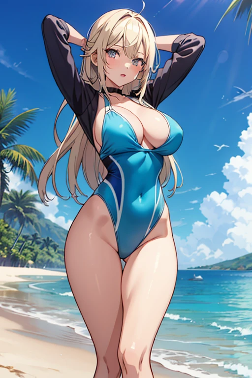 creates a 25-year-old anime girl in a green swimsuit with raised arms, wide hips and large breasts in a highly detailed beach landscape