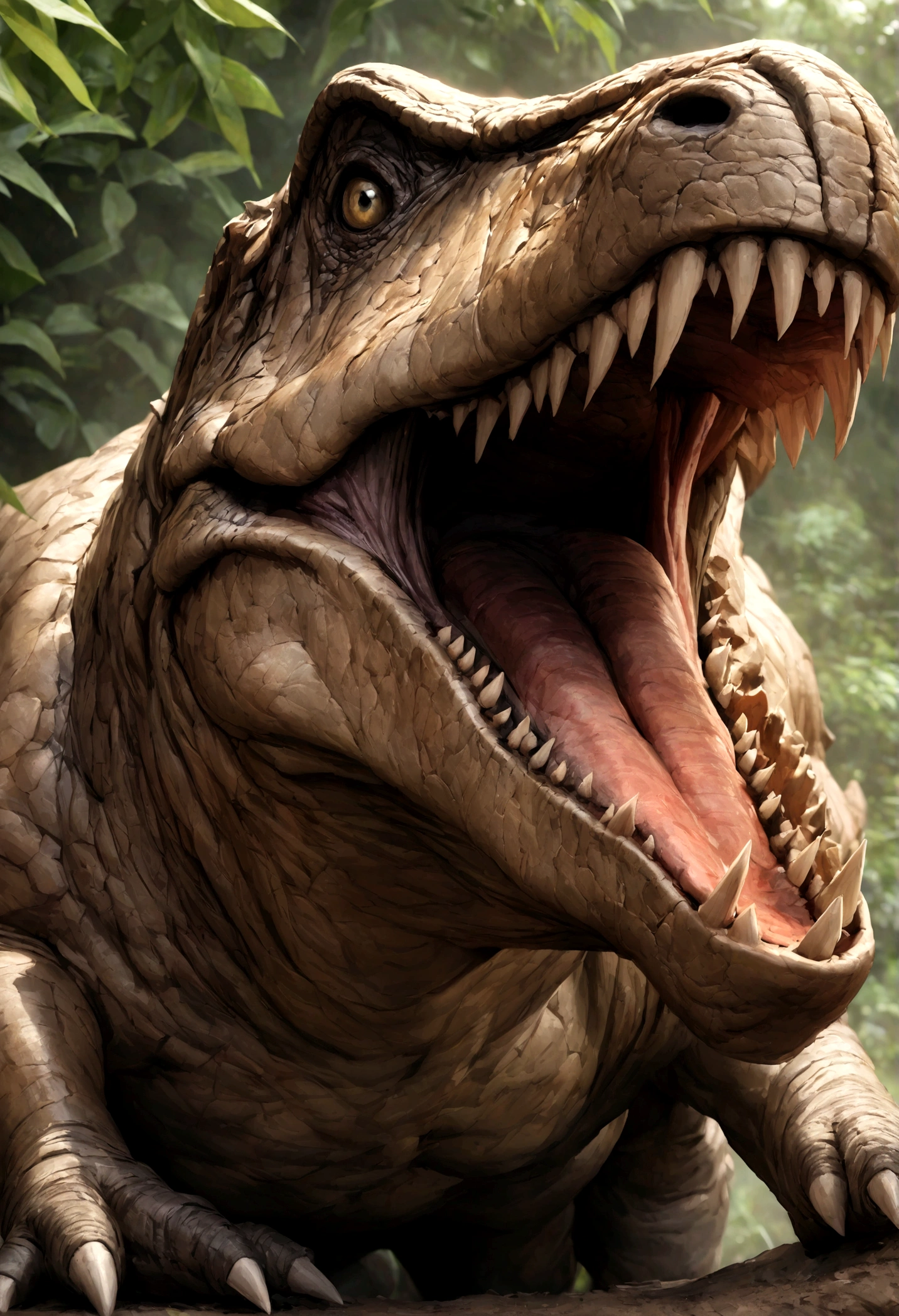 masterpiece、highest quality、４K、Realistic、Super Large Reality、２Head of Tyrannosaurus Rex、Background jungle mouth wide open、bark
