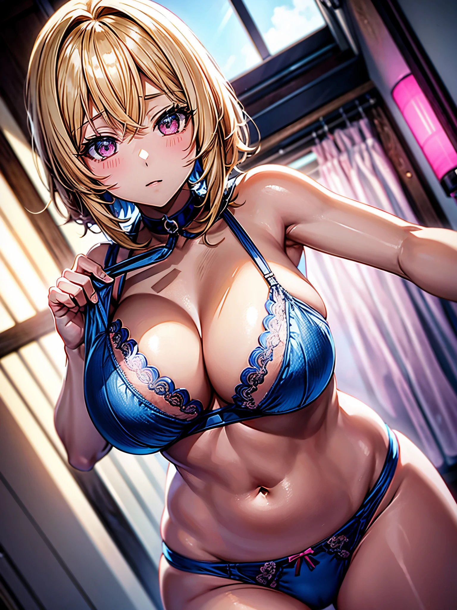 anime、Moe、Adult female、Sexy Woman、1People Women、Big Breasts、Blonde、Straight Hair、Short Hair、Tight hair、、Sexy Underwear、Blue underwear、Pink lighting、Angle looking down from the front、Stick out one hand