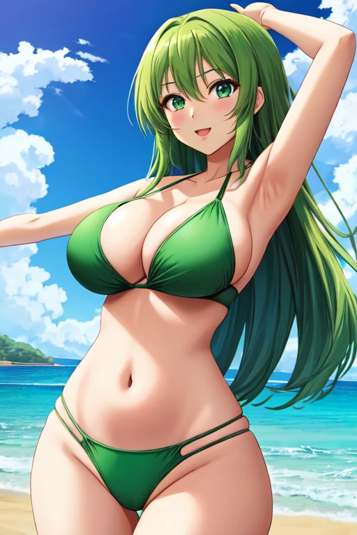 creates a 25-year-old anime girl in a green swimsuit with raised arms, wide hips and large breasts in a highly detailed beach landscape