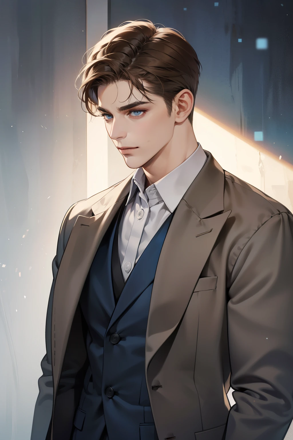 masterpiece, best quality, realistic, 1man, mature male, quiet and charming young man, 35 year old, serious look, closed mouth, portrait, extremely detailed face, cold smile, ((dark grey blue eyes)), ((short-right-swept dark brown hair)), [thick eyebrows], ((suit)), handsome, full body, western, Jewish, light brown skin,