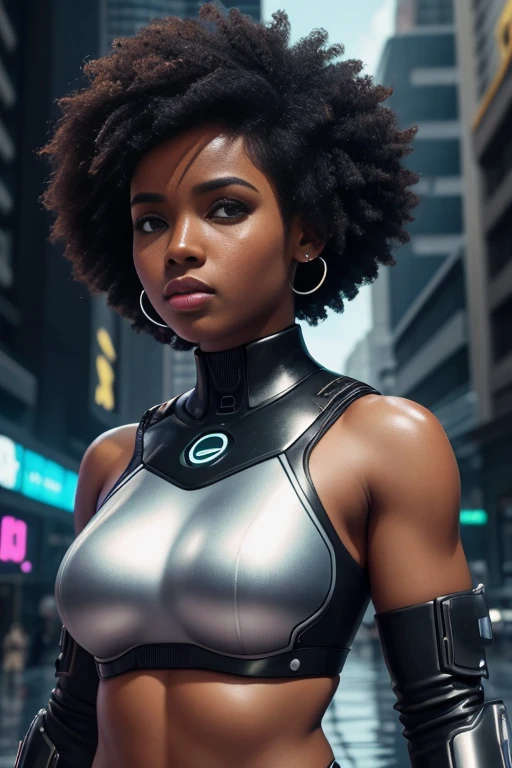 ultra realista 8k CG, (Futuristic:, Perfect artwork, master part, CIDADE FUTURISTA, Era futurista, Mechanicalgirl, fantasia), (((Antecedentes detalhados))) 20yo mulher afro cyborg musculoso modelo fresco,amazing stunningly beautiful, sentado, Looking at camera, bobcut preto ondulado cabelo brilhante, Retrato de 50mm, Glamour, curvas suaves, gigantesco , , full wet lips, Cybernate , abdominais perfeitos, ..3d, ultra realistic,