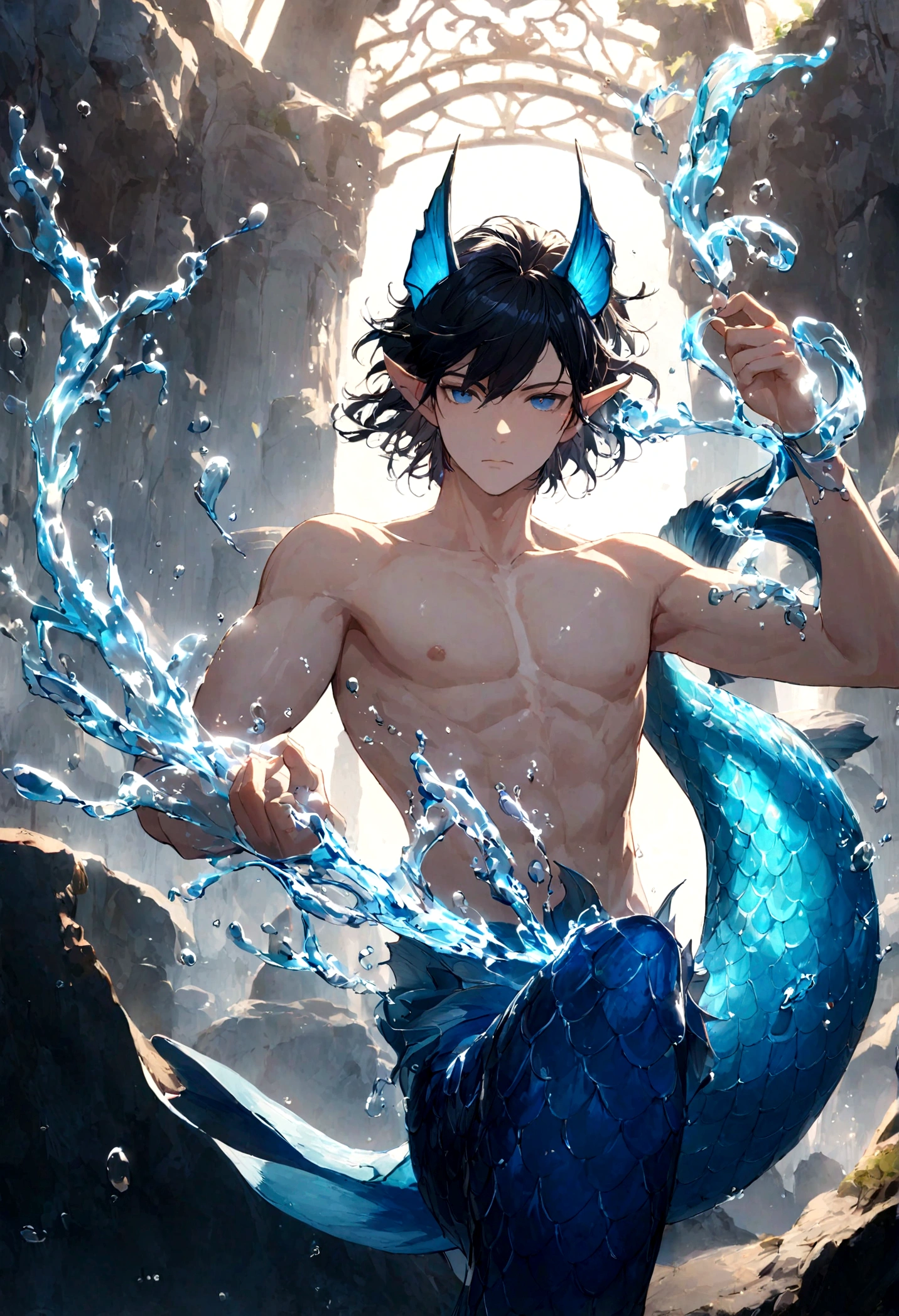 Male: Black hair down to his waist, with 2 blue strands, blue eyes, has a blue fish tail, fins on his arms, has fish ears, uses water magic, wears no shirt