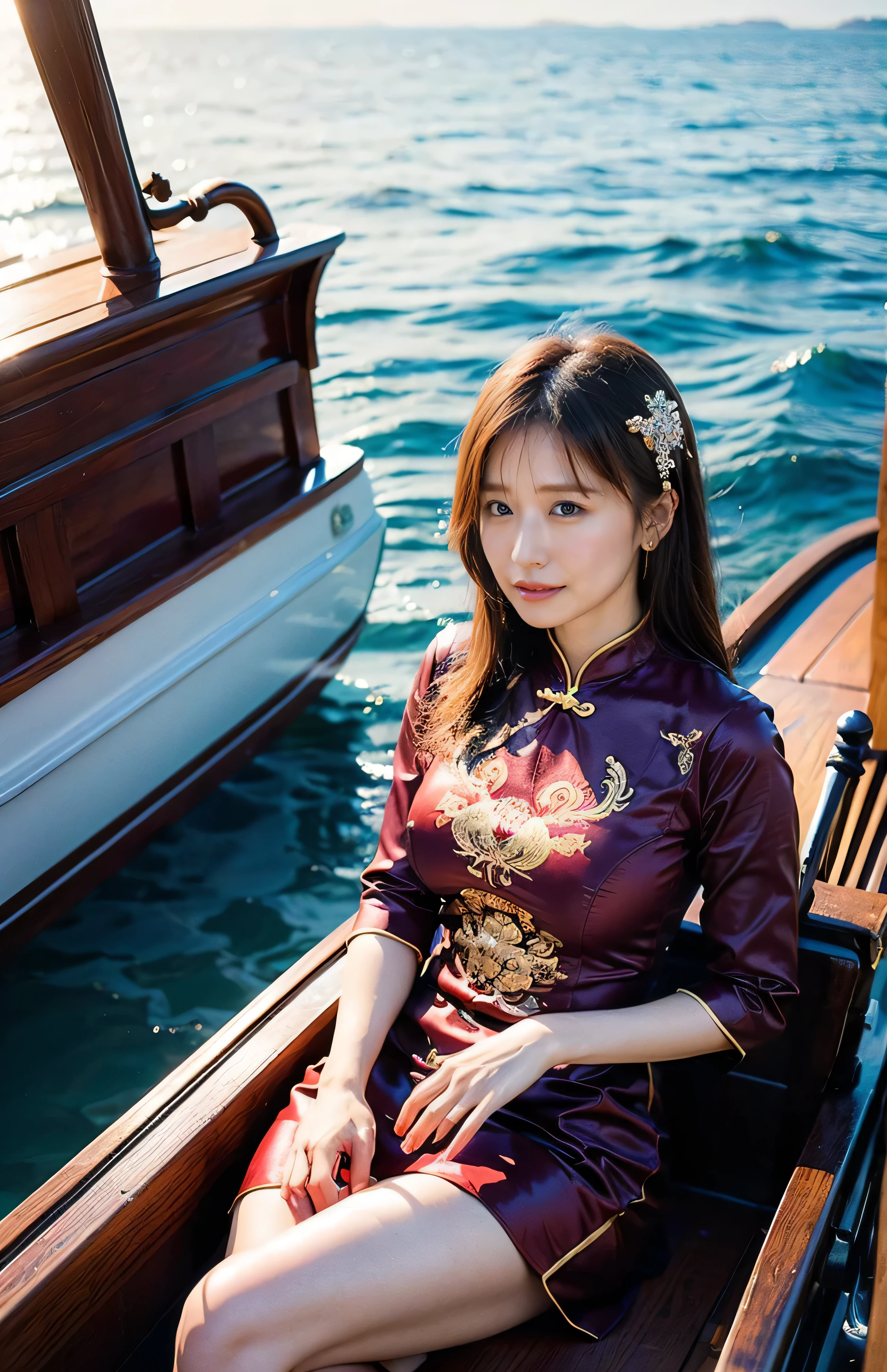 The sky turns red、China at night、((hair ornaments:1.5)).A gorgeous gold embroidered Chinese dress、hair ornaments、Tie your hair elegantly、Gorgeous silk cheongsam、((Standing on a boat and posing sexy、Luxurious and shiny wine red Chinese dress with embroidered long skirt:1.4)).A luxurious and shiny silk cheongsam、A luxurious navy blue cheongsam with embroidery、Woman standing on a boat、Light brown hair、Elegant hairstyle、Blue Eyed Woman、A woman with a cute upward gaze、When the sky gets dark、The gentle light of the ship shines、The sky turns red as the sun sets、Tight clothing that shows your body lines、、Elegant navy blue summer knit、Elegant black summer sweater、Short skirt、Dress elegantly着こなす、Luxury Bagedium Shorthair:1.4))、Skyscrapers seen across the sea、Manhattan 私sland is visible offshore、Woman on a sightseeing boat、、The sun shines on her、Light brown hair、Light brown hair、The sky was dyed red、There are clouds、private's cute、An elegantly dressed woman is sitting on a boat and watching the sunset、Her ample breasts are obvious even through her clothes..、The shining sun is so beautiful、Dusk is approaching、Lens flare、I can see the sunset、((Sunlight reflecting off the ocean、Ocean View、The sun shines on the sea、'beautiful.、Small earrings、private'evening、Birds are also flying、、Brown Hair Color、Tying up hair、The woman is on the right:1.4))、Luxury Leather Belts、Shiny clothes、Light beige hair color、Background Blur、Braid only the front hair、Light brown hair、{{Cowgirl Shot}}、((Close-up shot from the waist up、Ample breasts:1.4))、Smile、Silk clothing、Ample breasts that can be seen even through clothes、Braid only the front hair、Cowboy Shot、Gorgeous white collared silk shirt and brown skirt、Dress elegantly、Luxury Bags、A lovely smile、((Ample breasts))、Full body photo、ring、Short skirt、Tuck your hair behind one ear、Silver Necklace、smile、 Elegant ponytail、Caustics、Highly detailed photos、Very beautiful and ideal short hair、Super no makeup、(8k、RAW Photos、highest quality、masterpiece:1.2)、(Realistic、Realistic)、1 girl、((Medium Short Hair、Looking into the camera:1.4))、Hair blowing in the wind