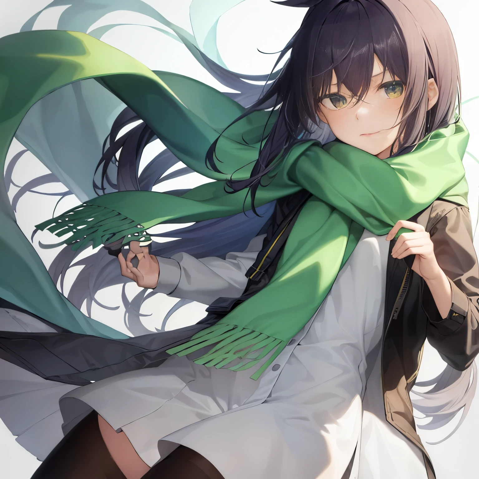 1 girl,alone,Hello,Long scarf, Sad face、Directly facing、Green and orange