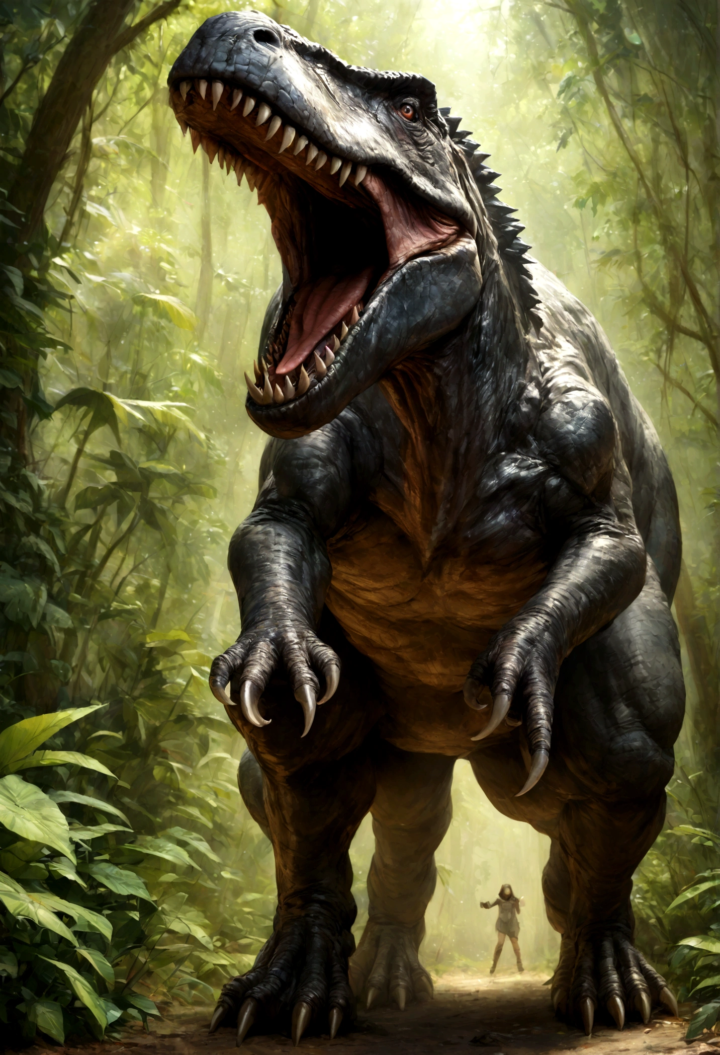 masterpiece、highest quality、4K、Realistic、Super Large Reality、Tyrannosaurus Rex、Background Jungle、Open your mouth wide、Whole body
