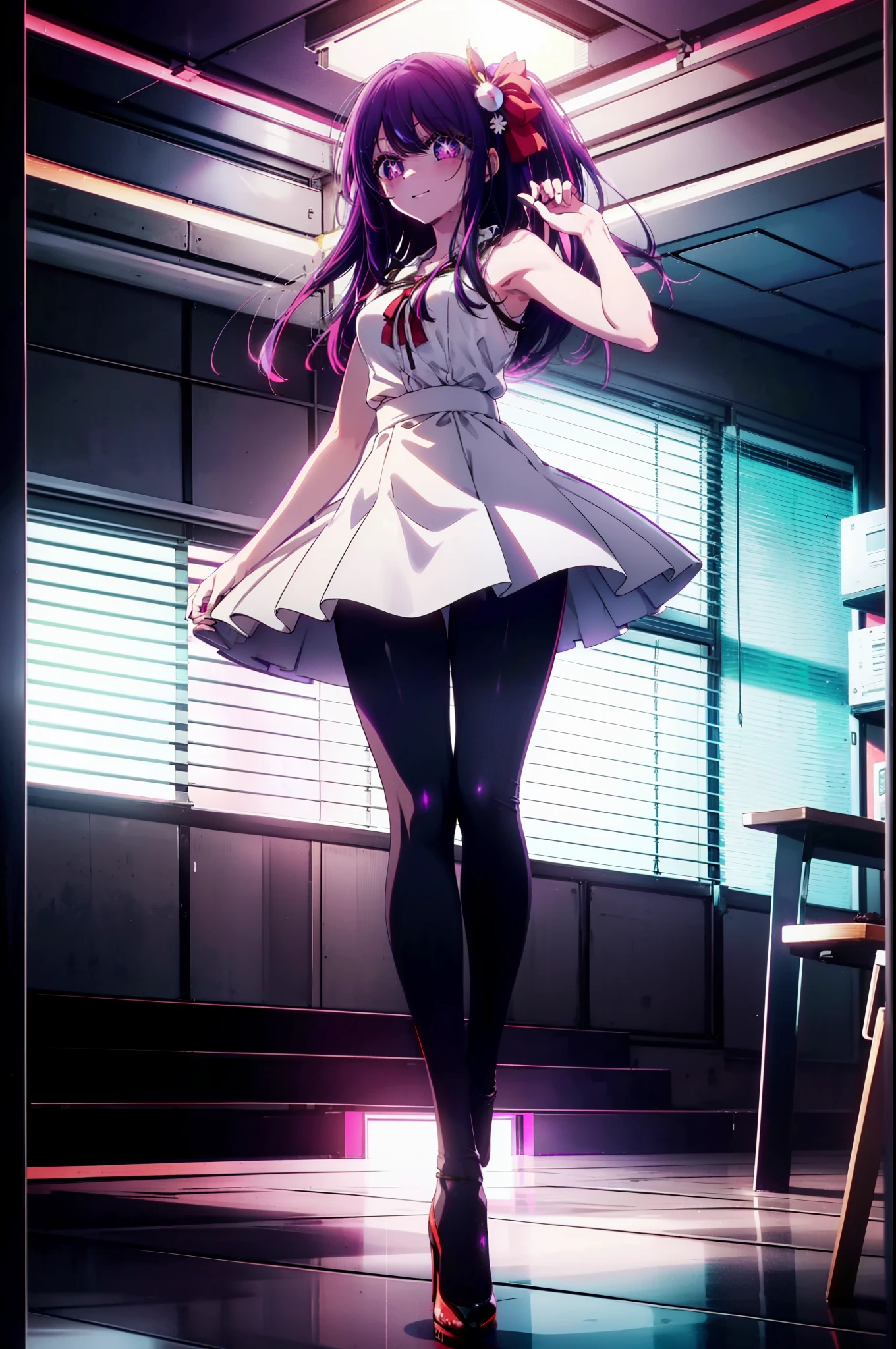 aihoshino, Ai Hoshino, Long Hair, bangs, (Purple eyes:1.1), Purple Hair, (Symbol-shaped pupil:1.5),
happy smile, smile, Open your mouth,one side up, hair ornaments, Hair Ribbon, Sleeveless dress,black skinny pants,Stiletto heels,walking,whole bodyがイラストに入るように,Daytime,Clear skies,
break indoors, office,
break looking at viewer, whole body,
break (masterpiece:1.2), highest quality, High resolution, unity 8k wallpaper, (figure:0.8), (Beautiful fine details:1.6), Highly detailed face, Perfect lighting, Highly detailed CG, (Perfect hands, Perfect Anatomy),