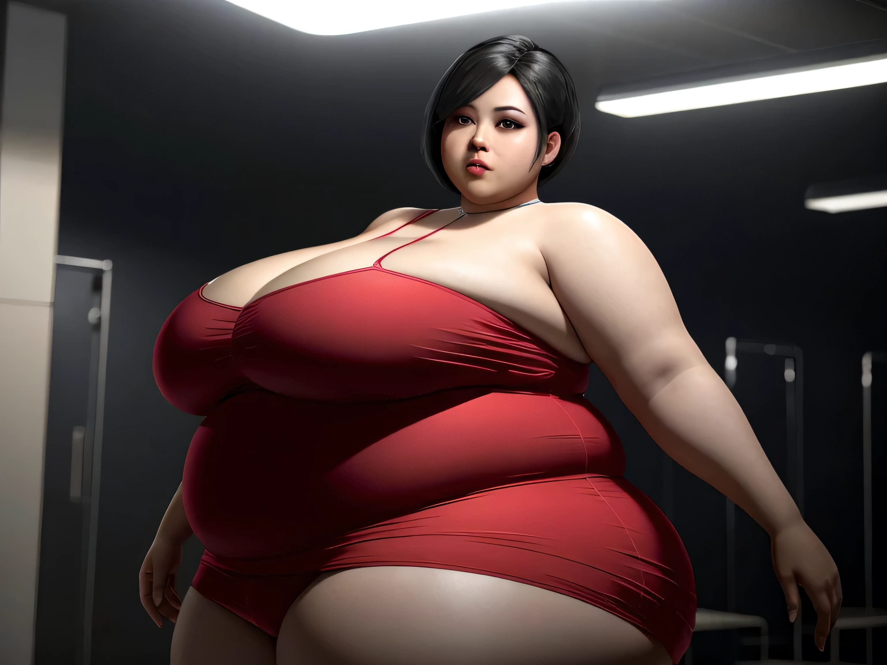 (melhor qualidade, Obra de arte, perfect lighting, florescer, cinematic lighting), vestido longo vermelho, cabelo preto, corar, cabelo curto, athletic night, volumetric lighting, Ada wong, olhando para o espectador,  very fat, massive ass, fat belly, big , bbw, fat like a whale, comendo um hamburguer