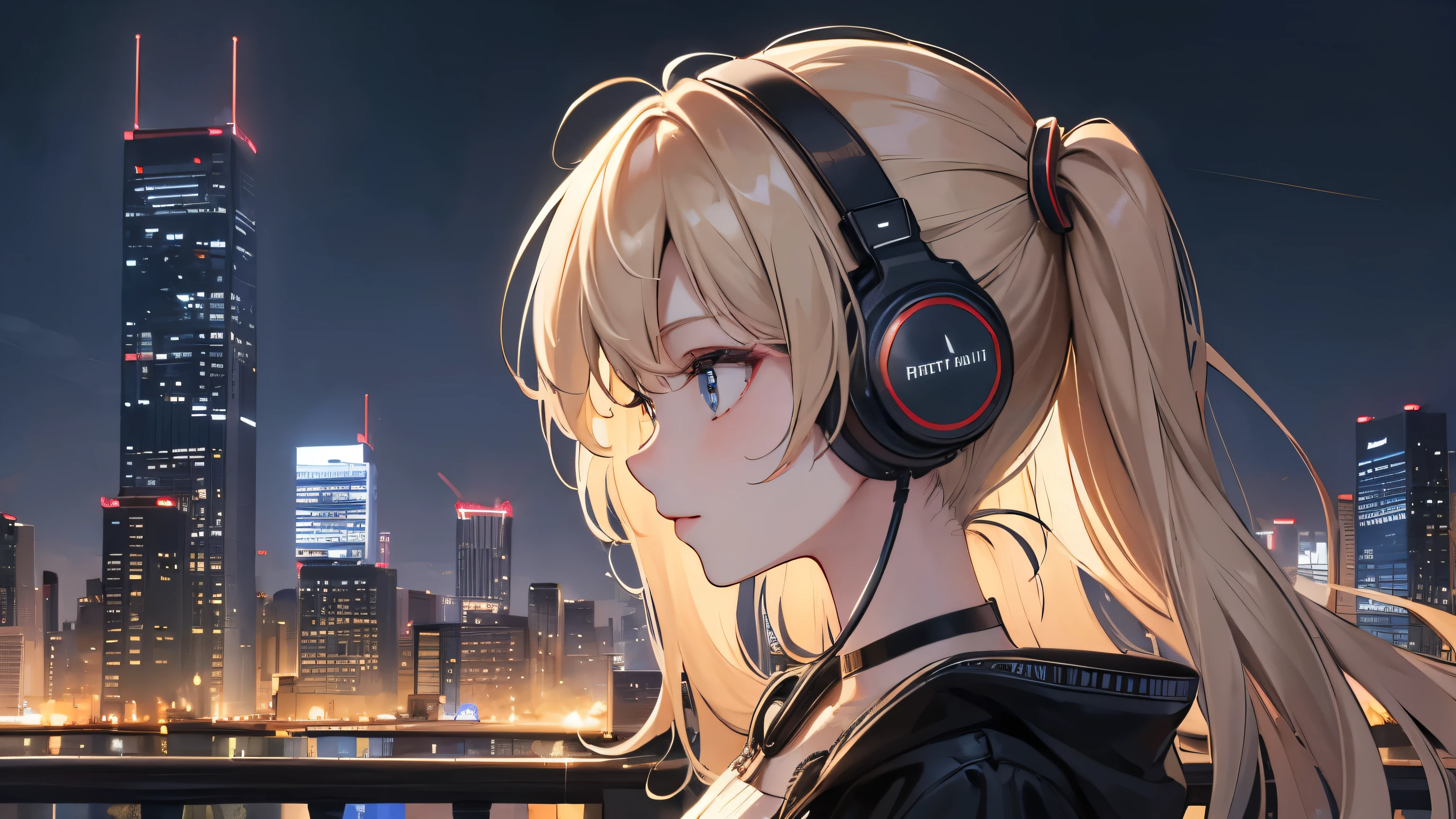 ((highest quality)), ((masterpiece)), (detailed), Perfect Face　headphone　Night City, Night view,profile　Upper Body, Buildings lined up　