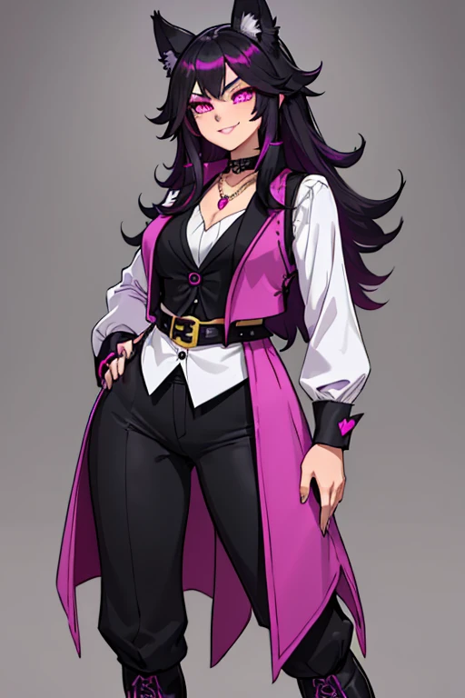 female, black long hair with magenta highlights, silver eyes, black wolf ears, black wolf tail, (((1girl))), (((black waistcoat with magenta trim magenta cuffs))), (white shirt), (black pants), (white knee high boots with magenta trim), (amethyst necklace), (black fingerless gloves), (black belt with gold buckle), cute and sexy, full body, big breasts, long legs, smiling