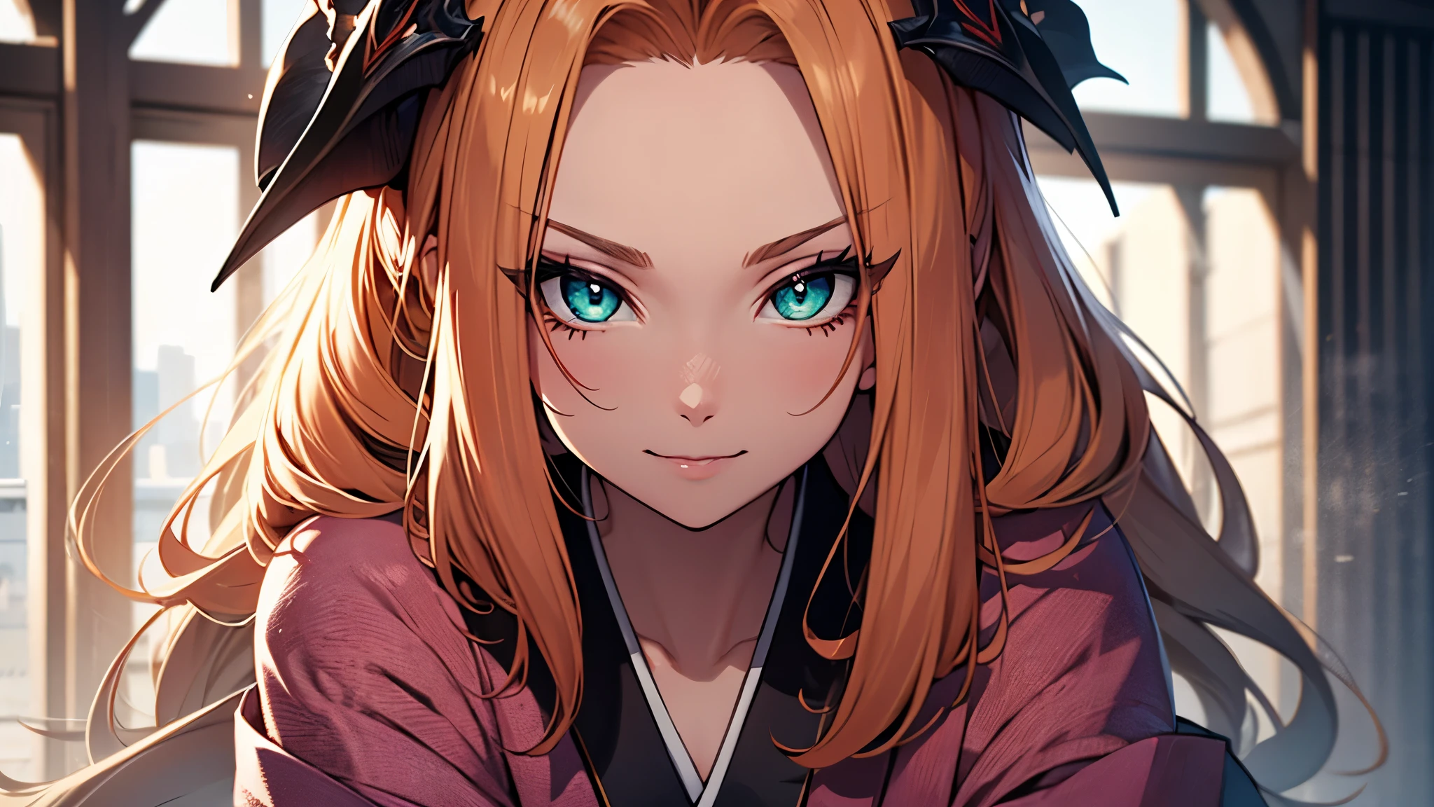 (1girl:1.3), Masterpiece, Best quality, amazing beauty, [[3D]], 4K, absurdres, finely detail, super detailed eye, perfect anatomy, official art, cinematic lighting, BREAK, foret, river, sunlight, silky long hair, forehead, colored tips, orange hair, super shiny detailed green eyes, big eyes, cute eyes, thin eyebrow, Staring, close-mouth, thin lips, toothless smile, mascara, rouge, Eyeliner, pink lips, shy, BREAK , usually, tall, slim, pale skin, porcelain skin, sitting, cross arms in front, from front, BREAK ,(long-sleeved kimono:1.2),