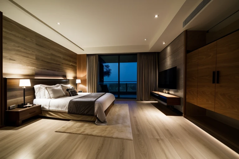 luxury master bedroom, timber floor, marble wall, night time, warm lighting RAW Photo, RAW texture, Super Realistic, 32K UHD, DSLR, soft lighting, high quality, film rating, Fujifilm XT3 